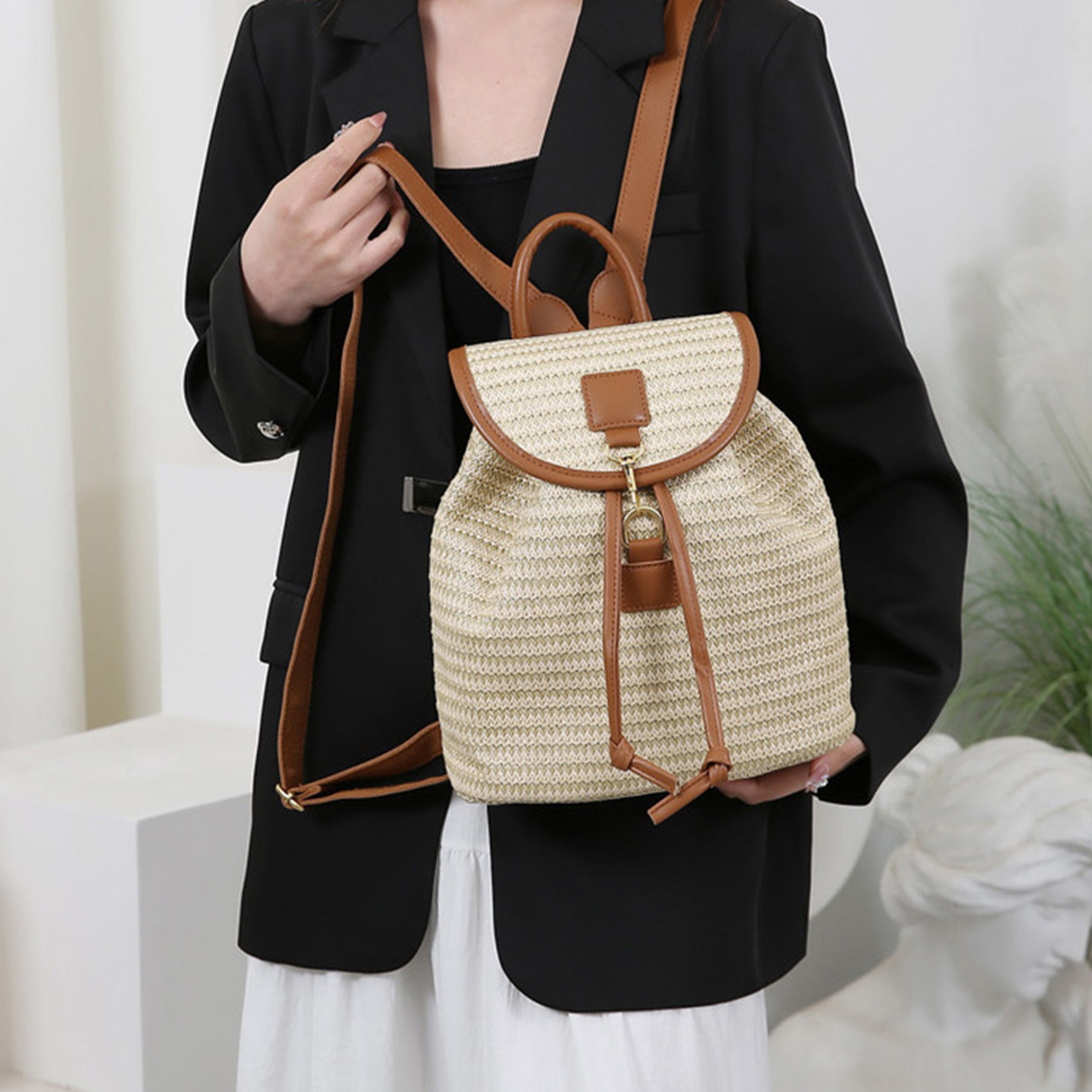 Women Straw Backpack Boho Crochet Woven Summer Travel Beach Bag – view 5