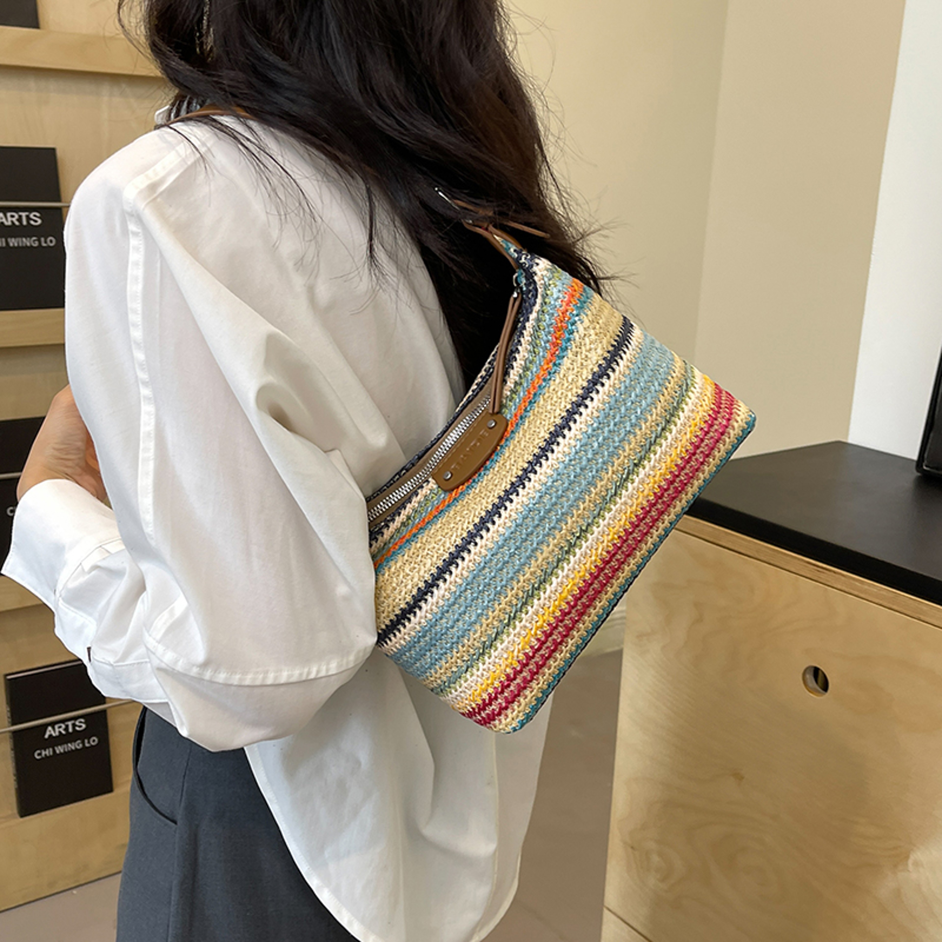 Rainbow Striped Straw Woven Beach Handbag – view 4
