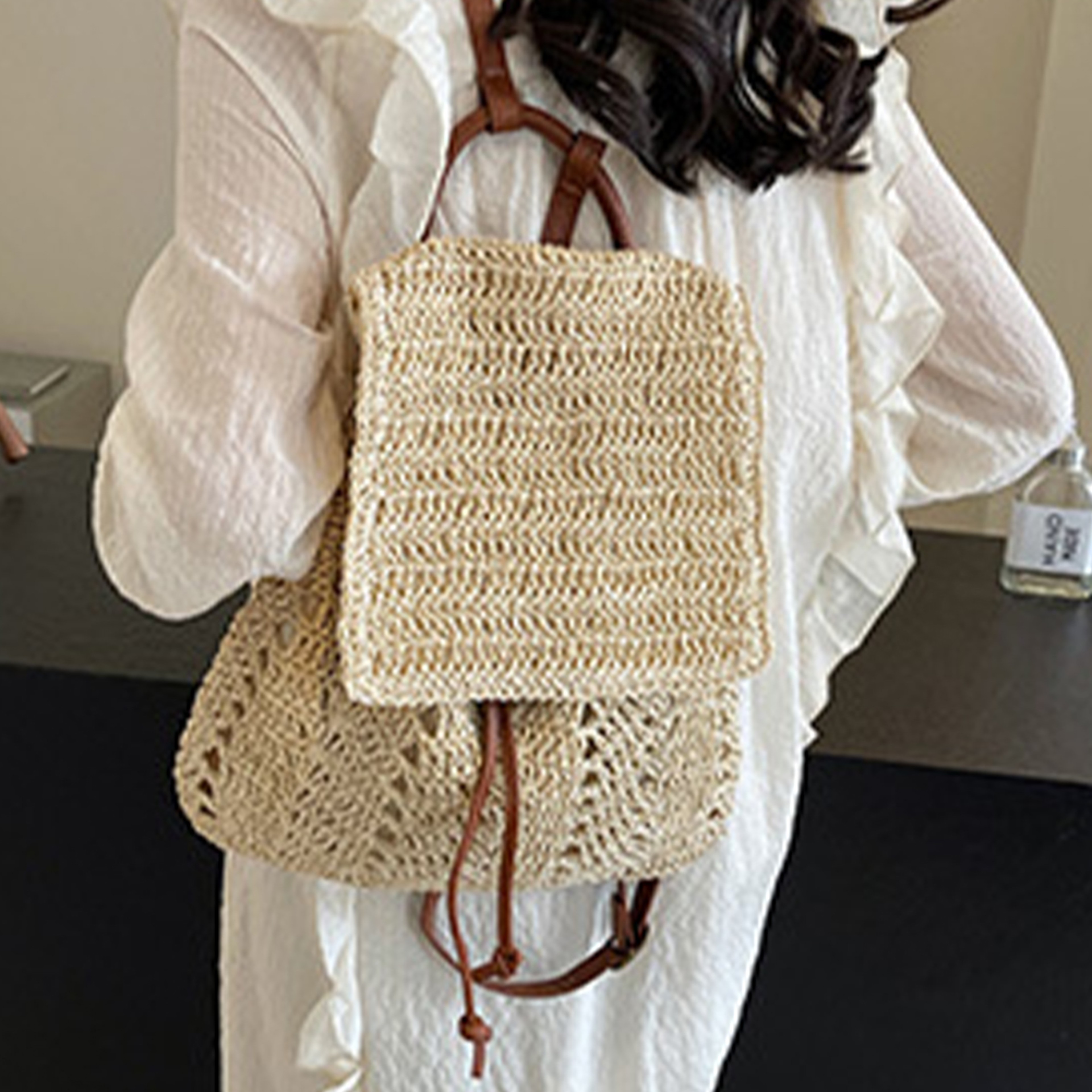 Boho Crochet Straw Beach Backpack – view 3