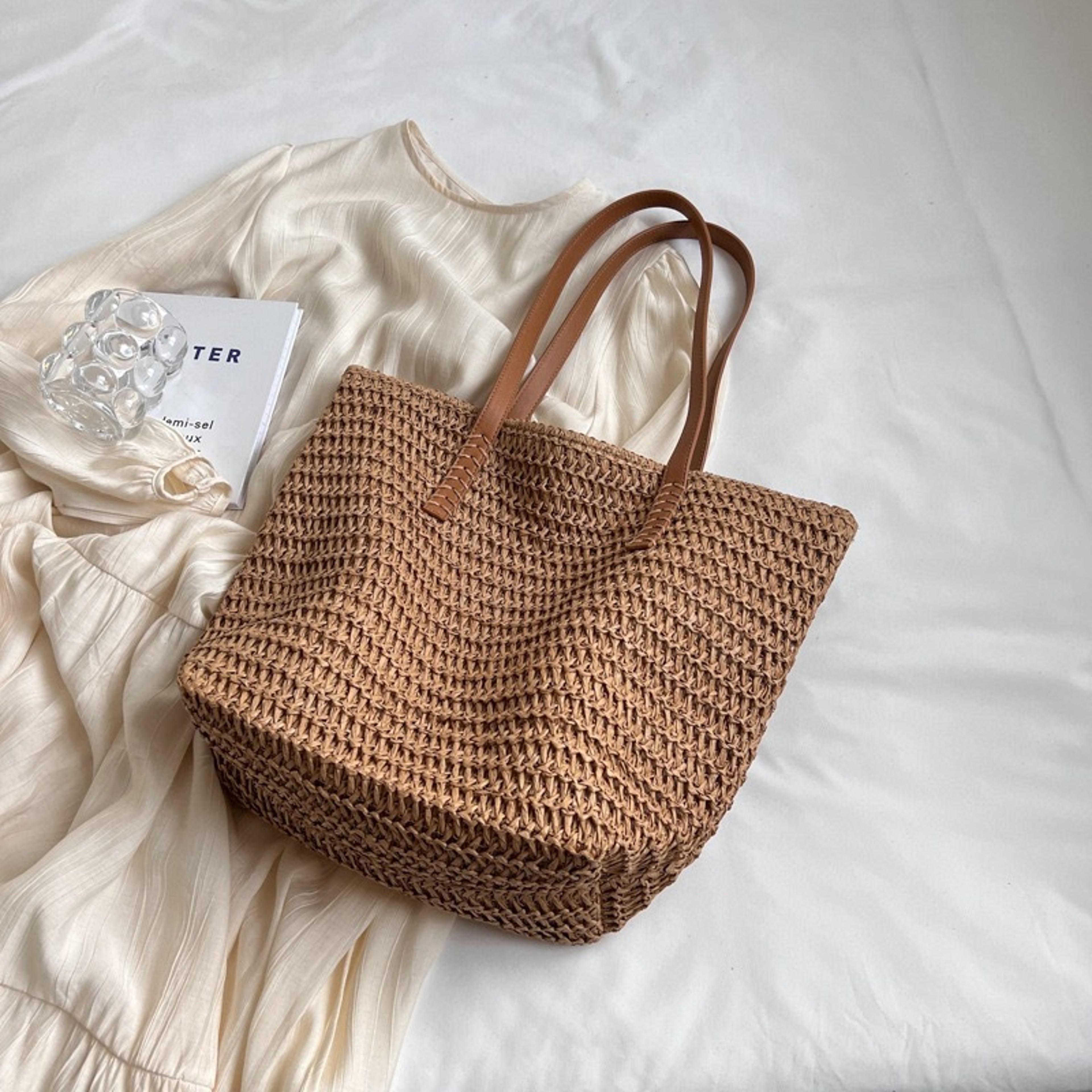 Chic straw beach bag for summer vacations and woven tote bag styles – view 5