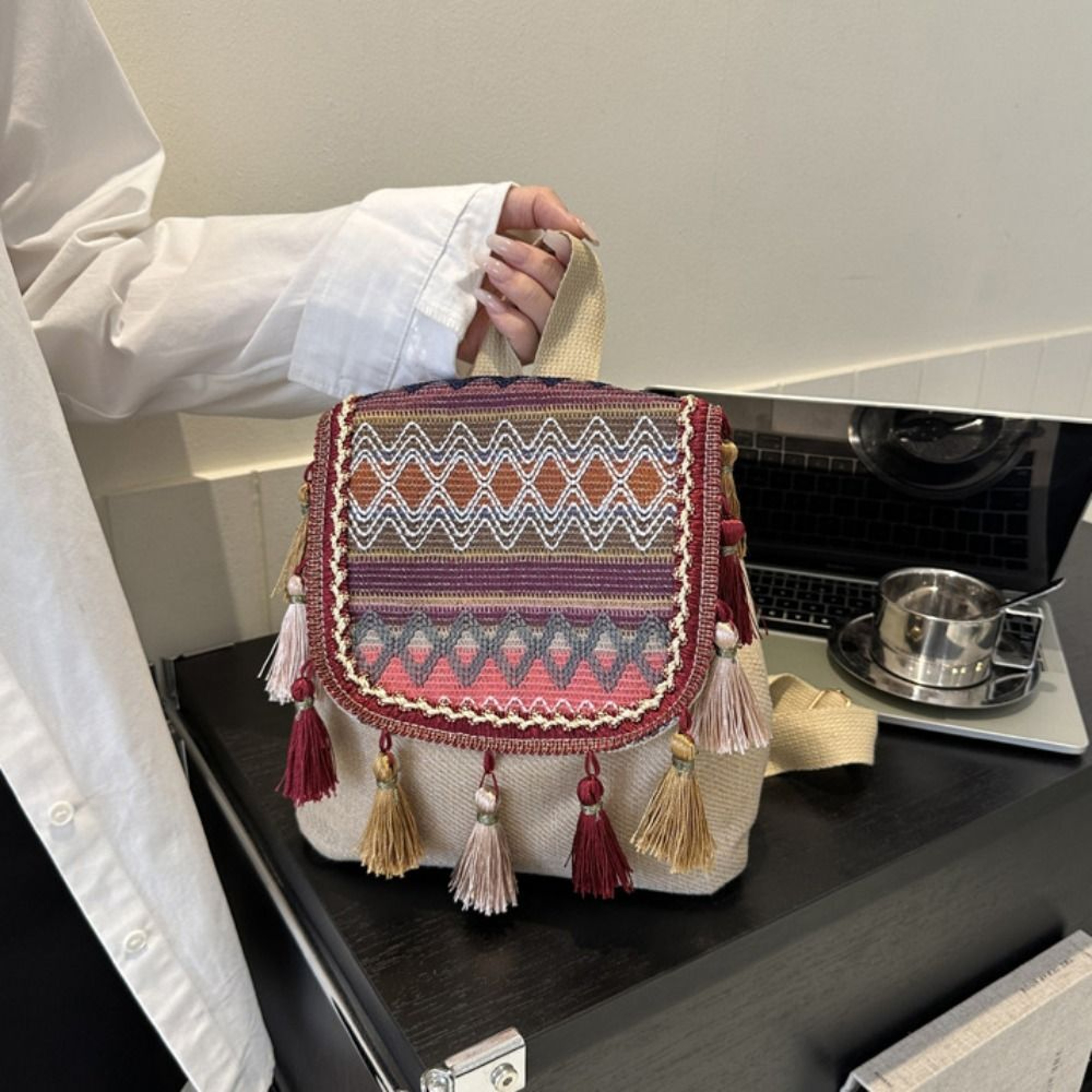 Ethnic Embroidered Canvas Backpack and Boho Tassel Shoulder Bag – view 2