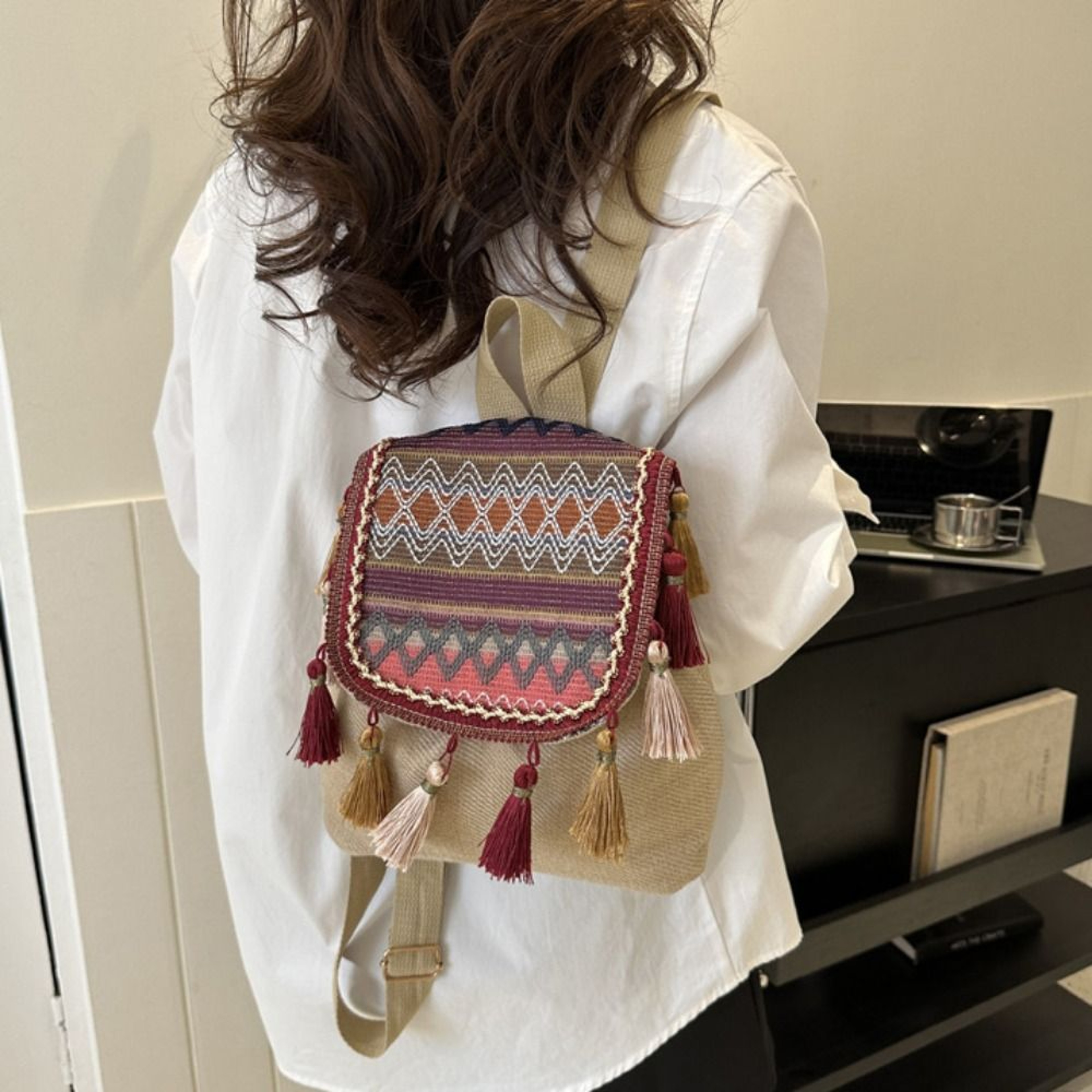 Ethnic Embroidered Canvas Backpack and Boho Tassel Shoulder Bag – view 3