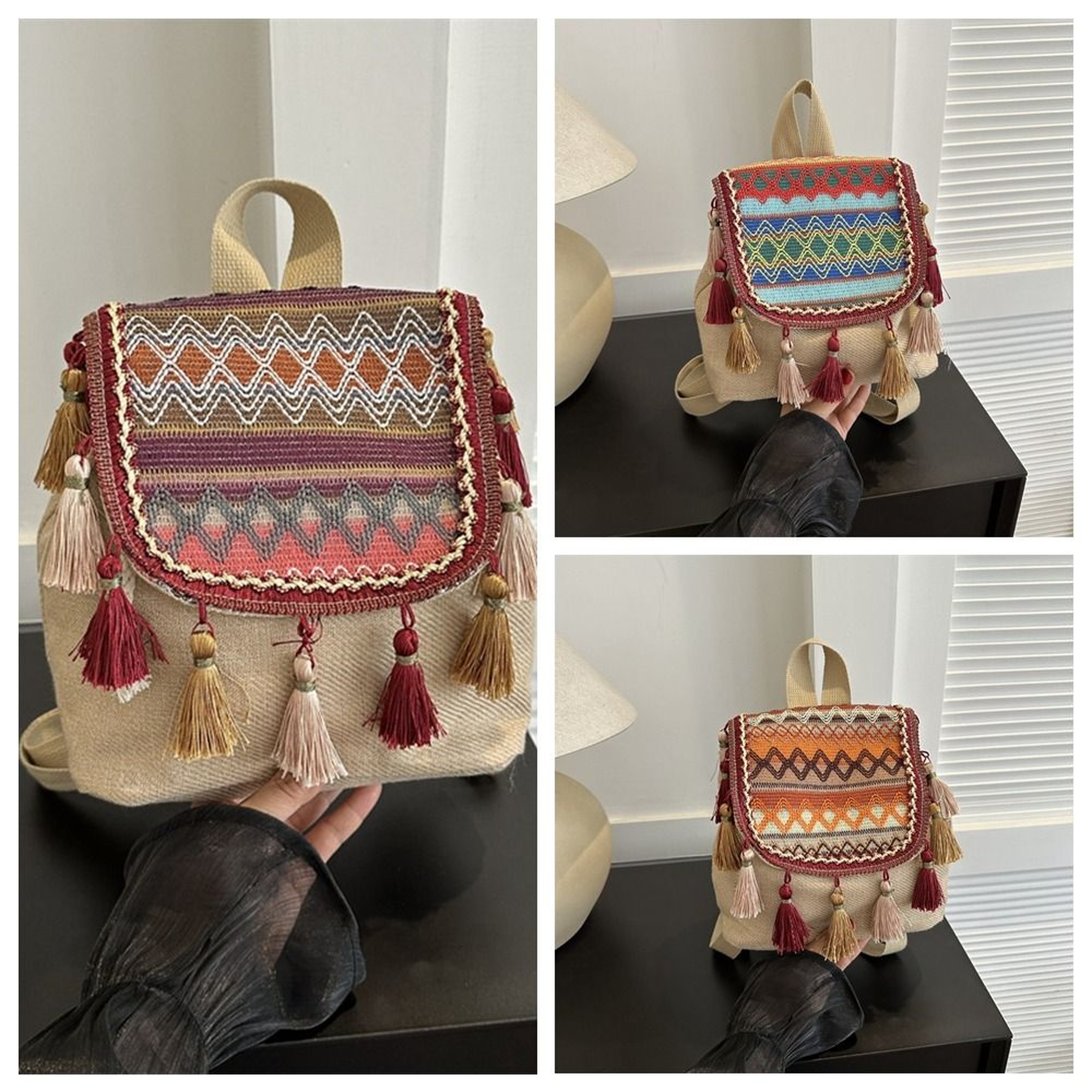 Ethnic Embroidered Canvas Backpack and Boho Tassel Shoulder Bag – view 6