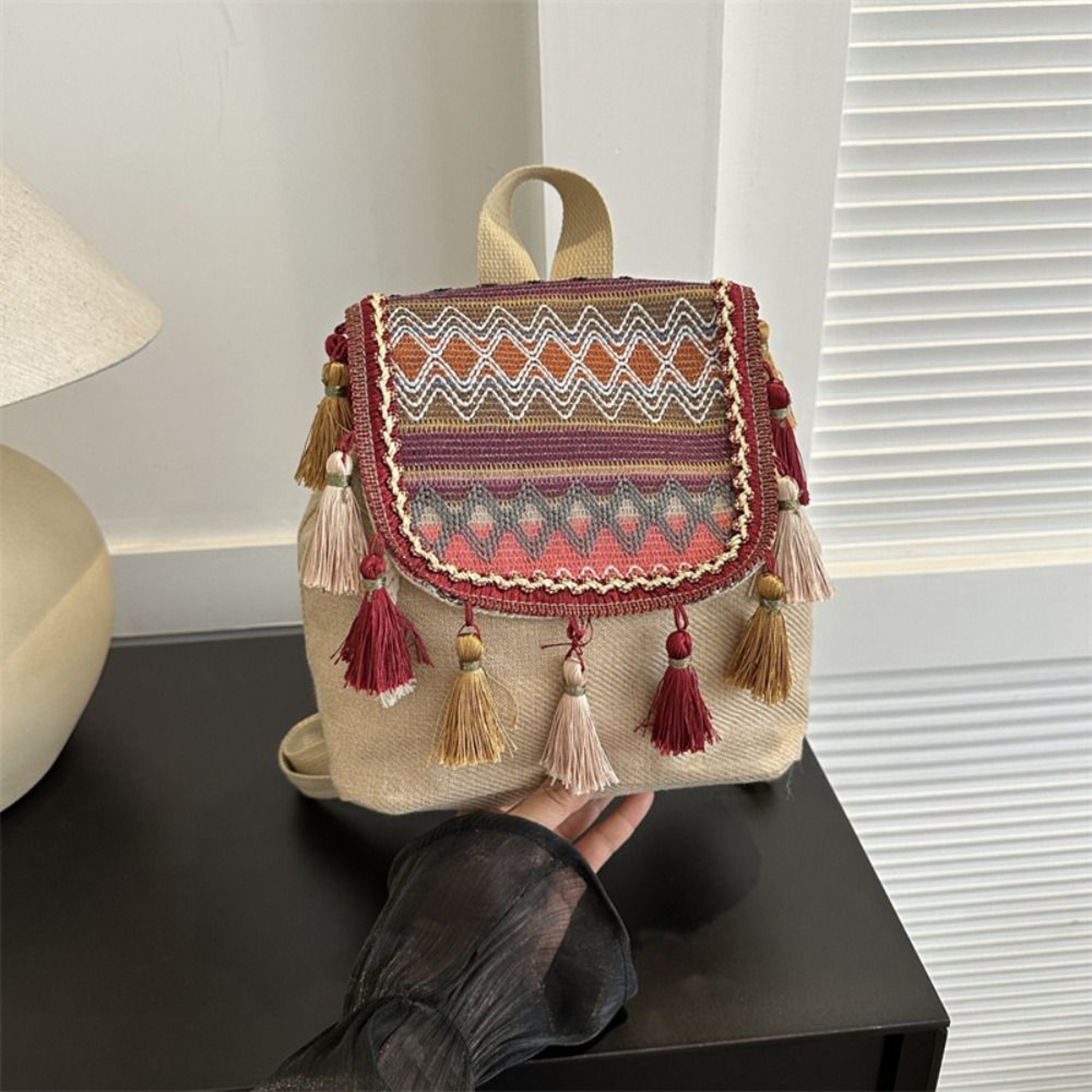 Ethnic Embroidered Canvas Backpack and Boho Tassel Shoulder Bag – view 9