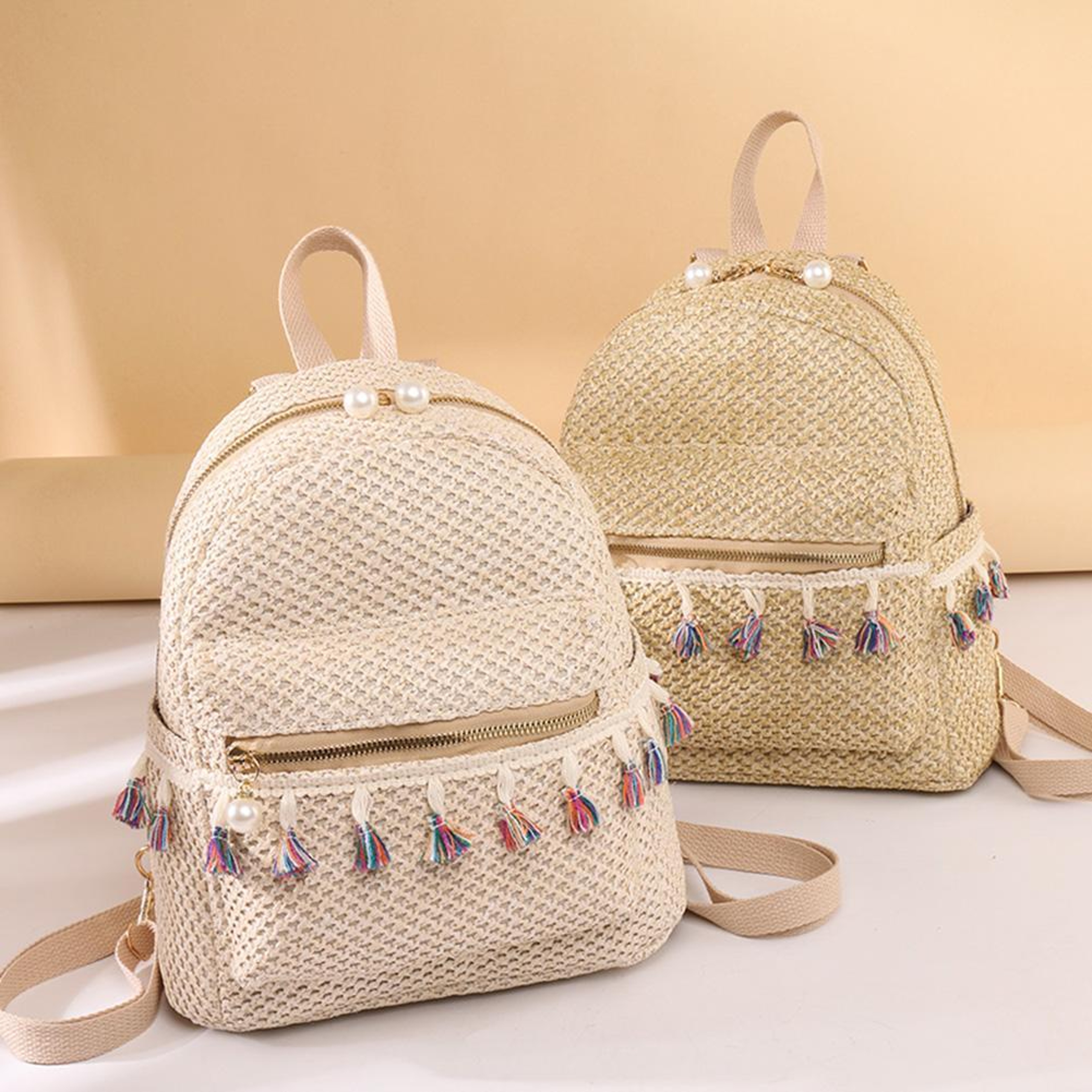 Bohemian Woven Backpack Straw School Bag Large Capacity – view 6