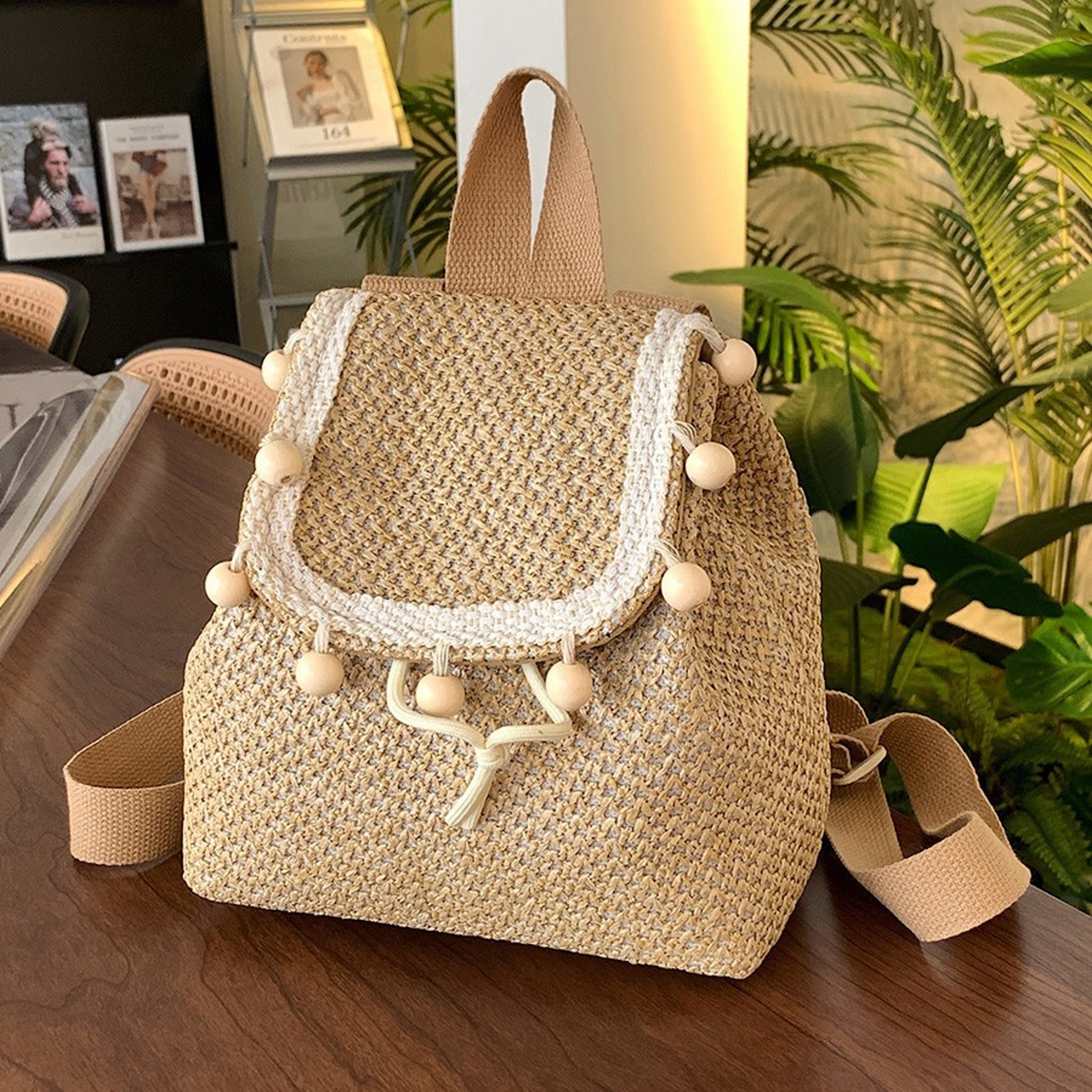 Boho Fringe Straw Backpack for Women – view 3