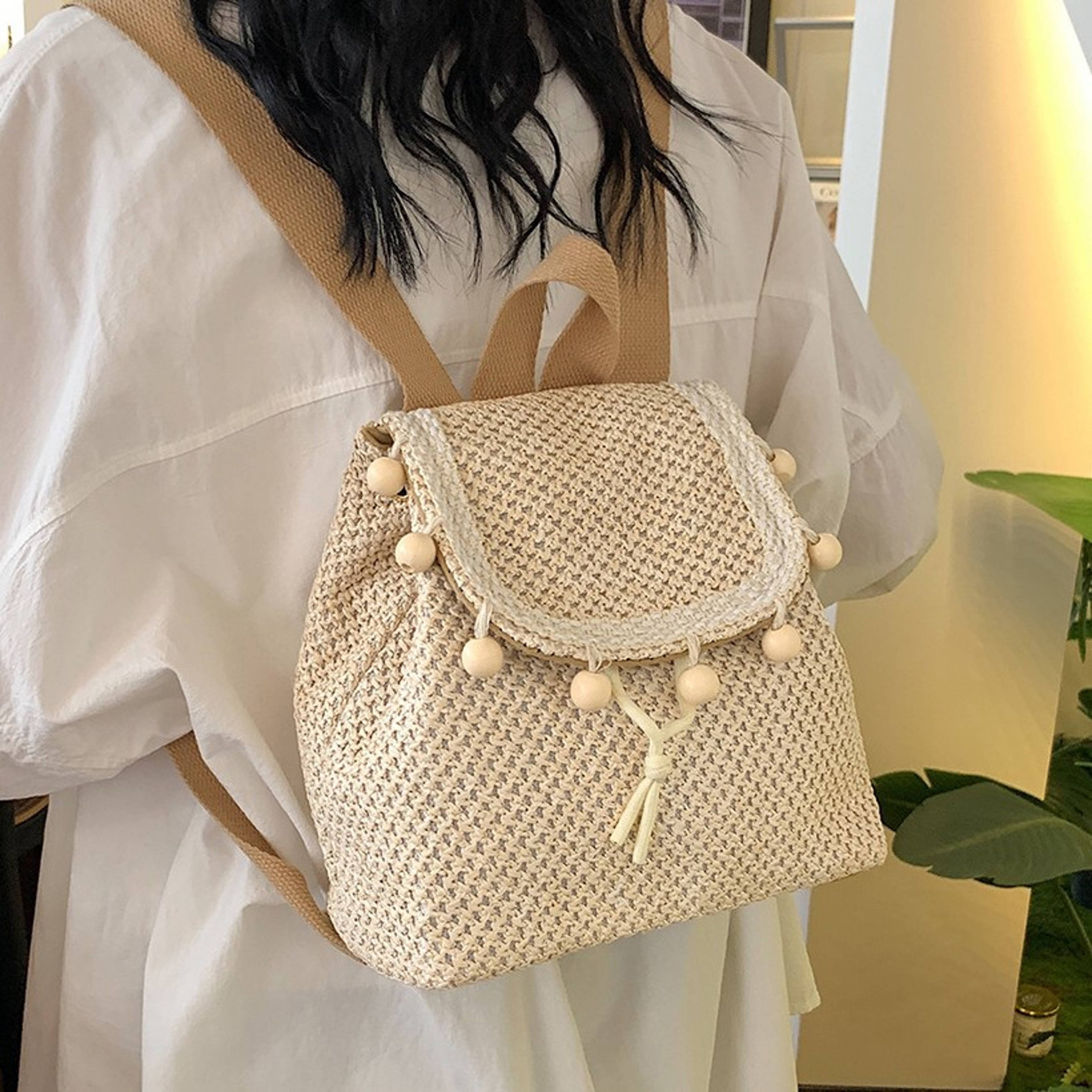 Boho Fringe Straw Backpack for Women – view 4