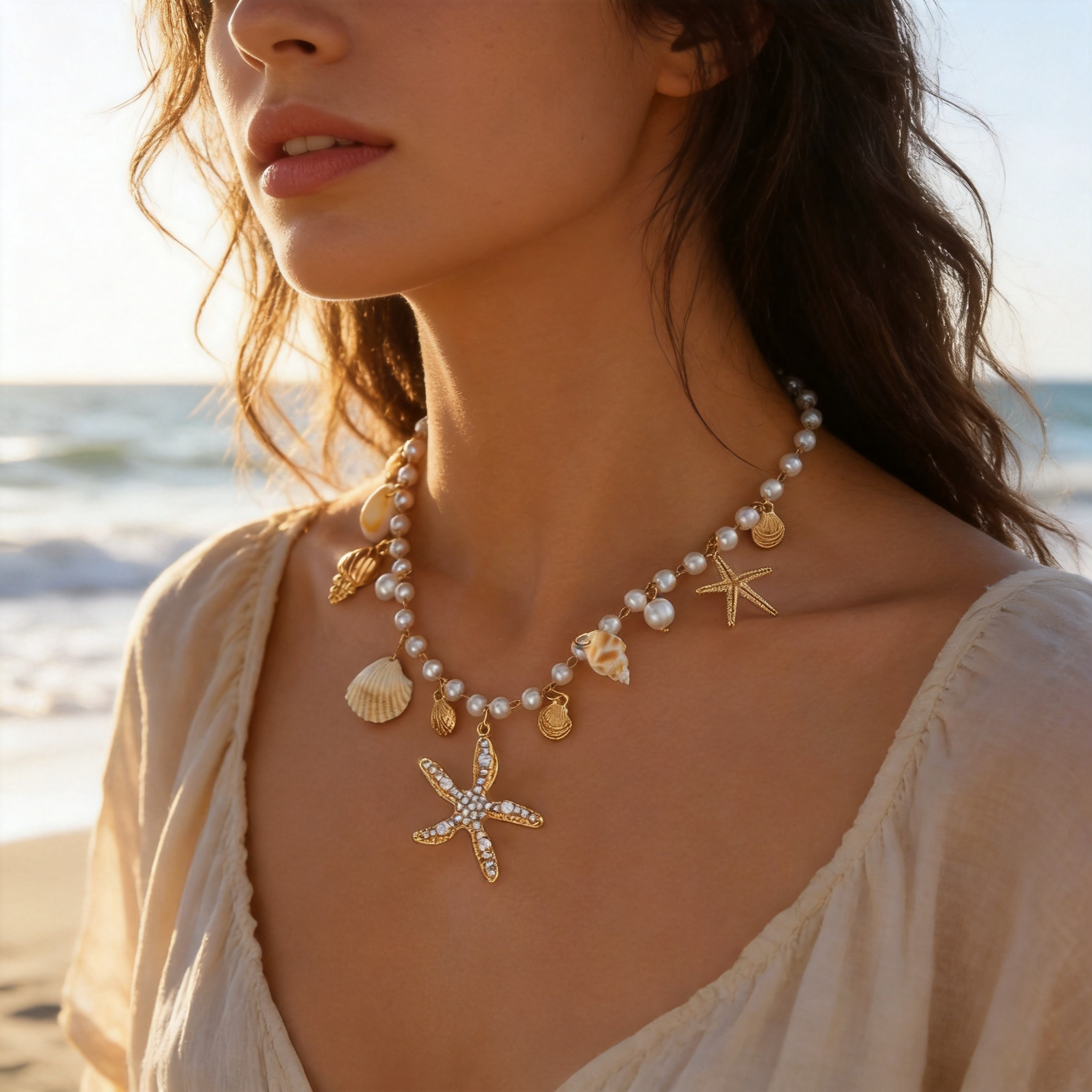 Golden Seaside Shell Pearl Necklace – view 2