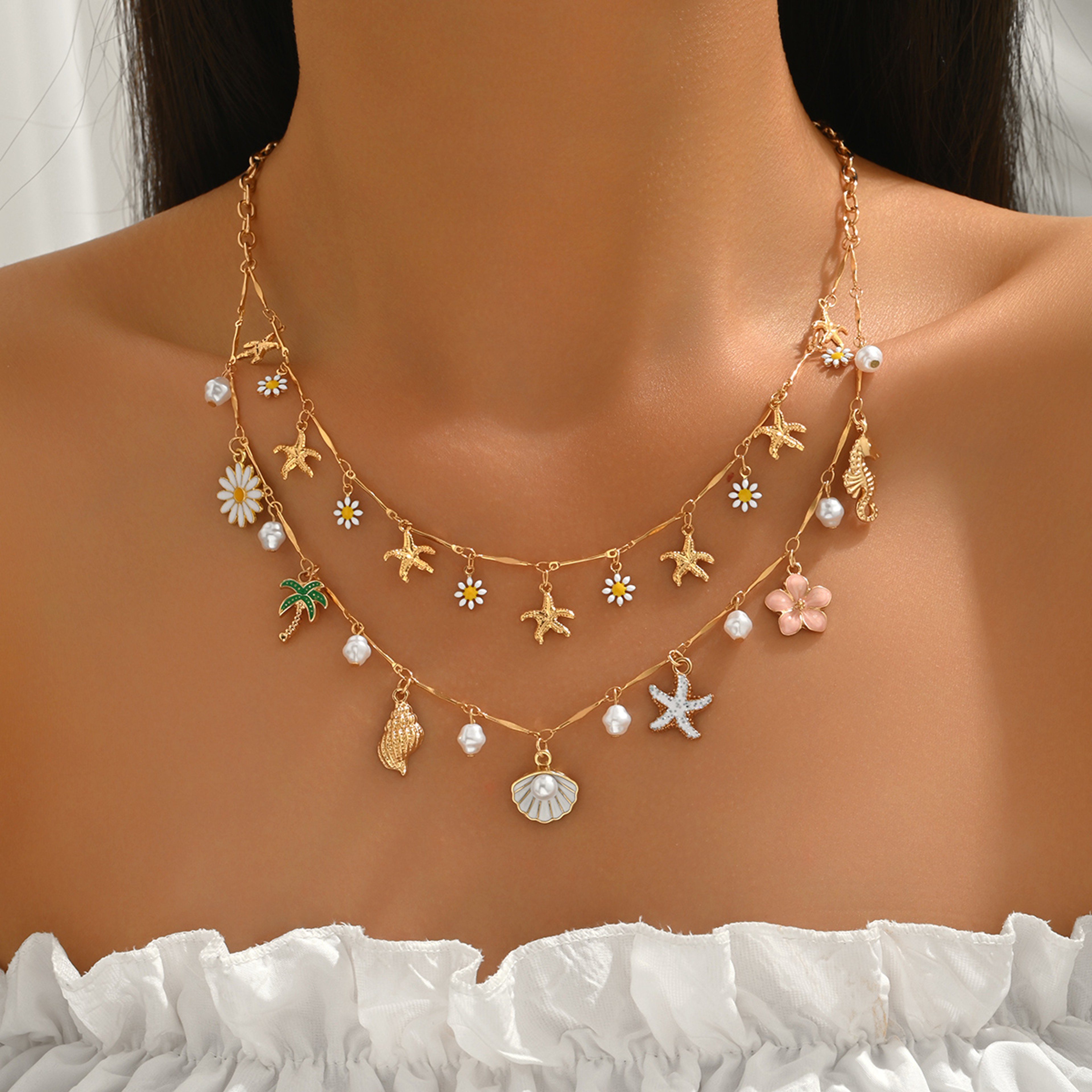 Golden Summer Layered Daisy  Pearl Beach Necklace 2
