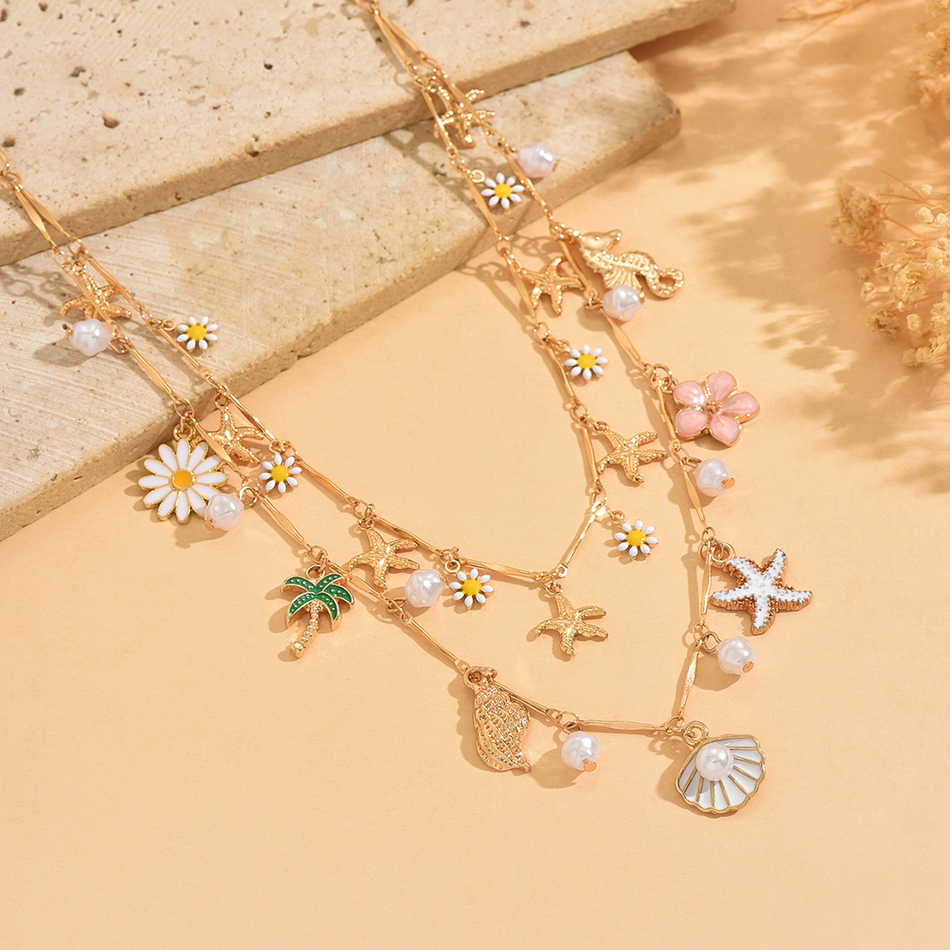 Golden Summer Layered Daisy  Pearl Beach Necklace 1