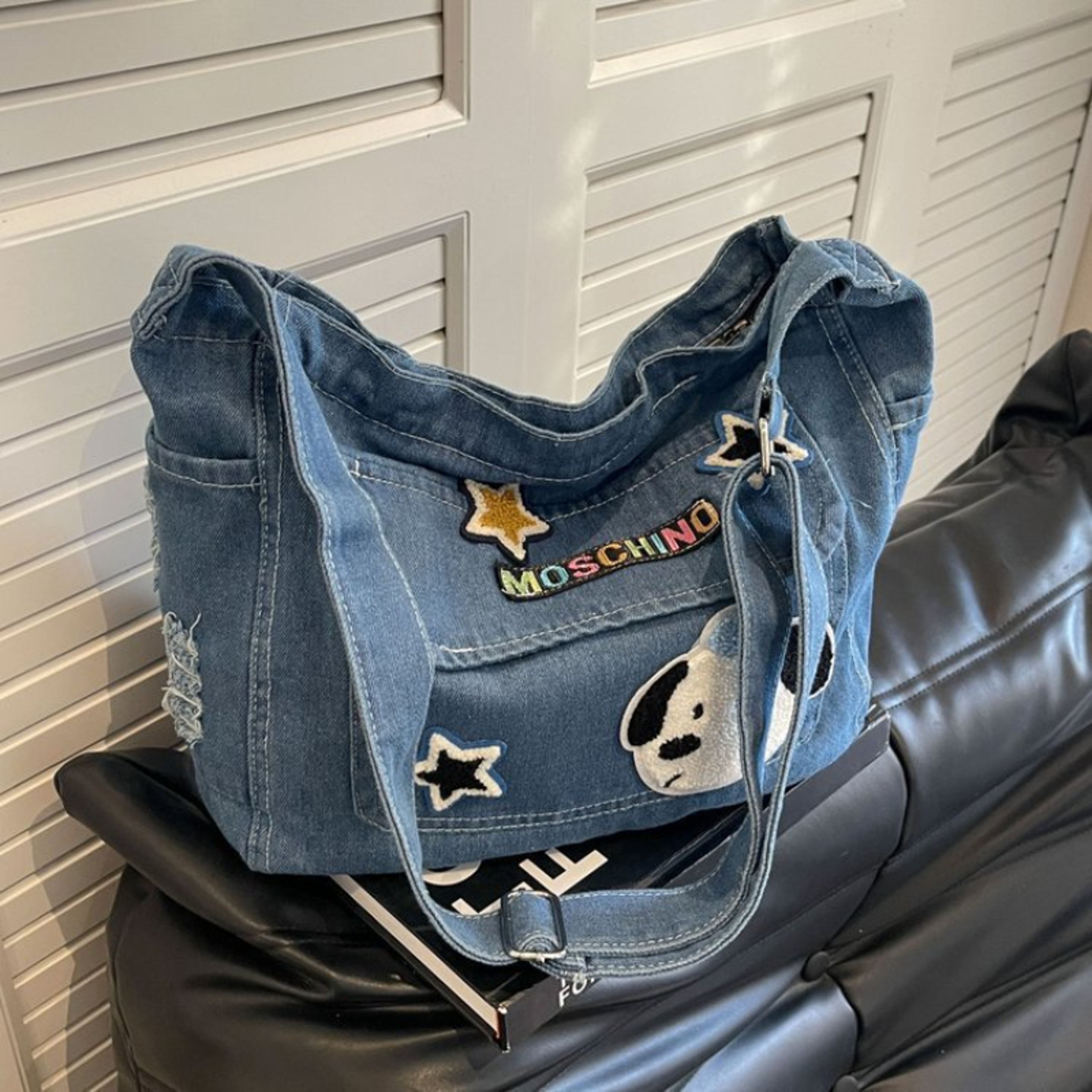 Korean Cartoon Embroidered Washed Denim Student Crossbody Tote Bag – view 2