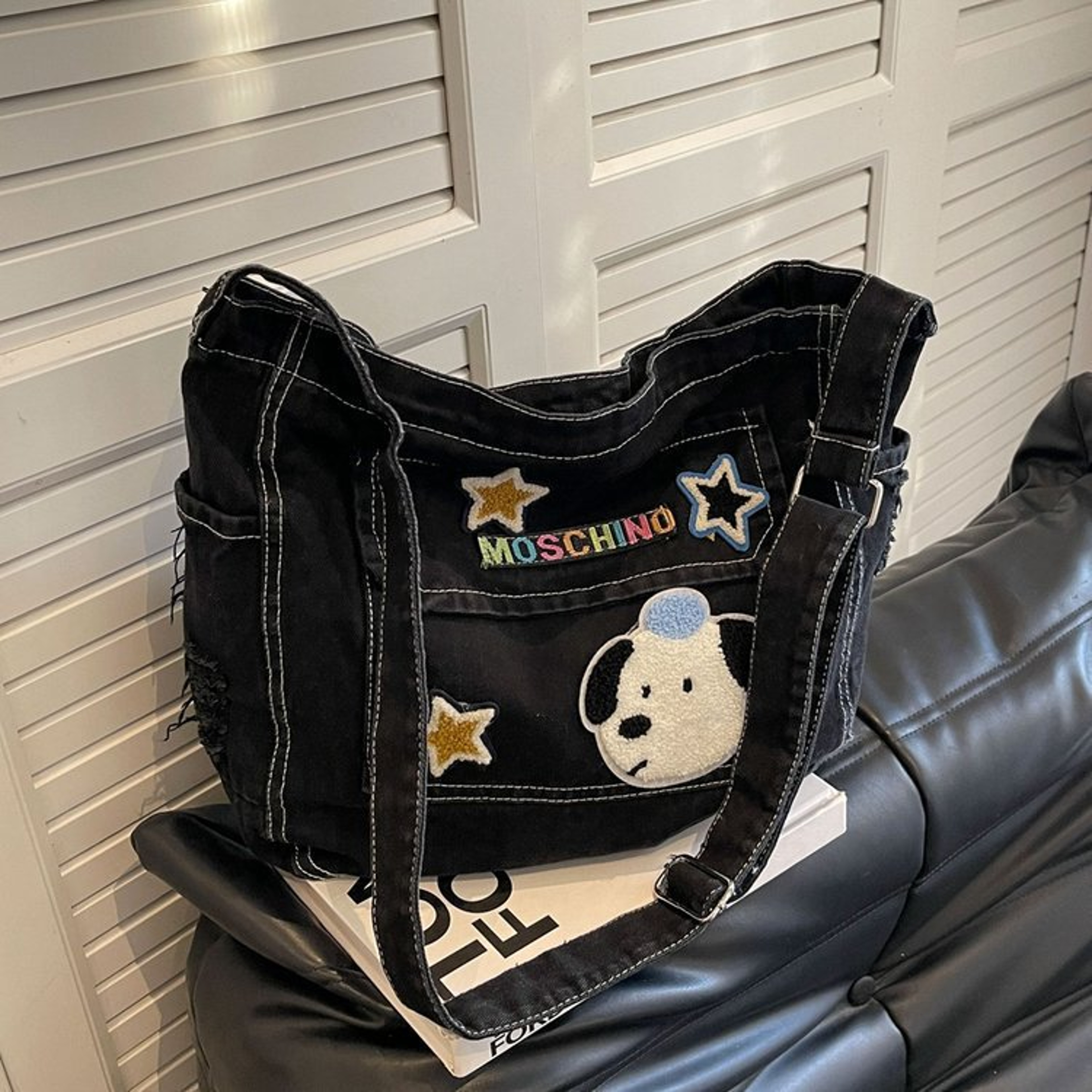 Korean Cartoon Embroidered Washed Denim Student Crossbody Tote Bag – view 7