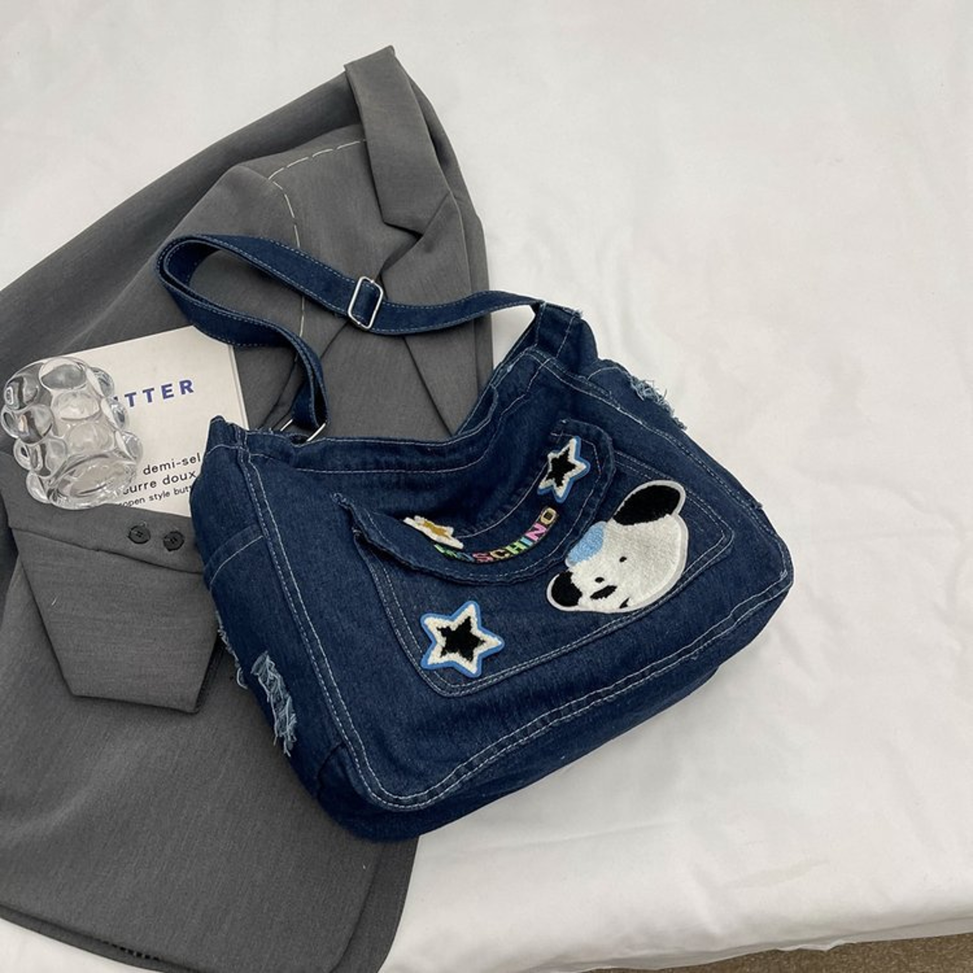Korean Cartoon Embroidered Washed Denim Student Crossbody Tote Bag – view 9