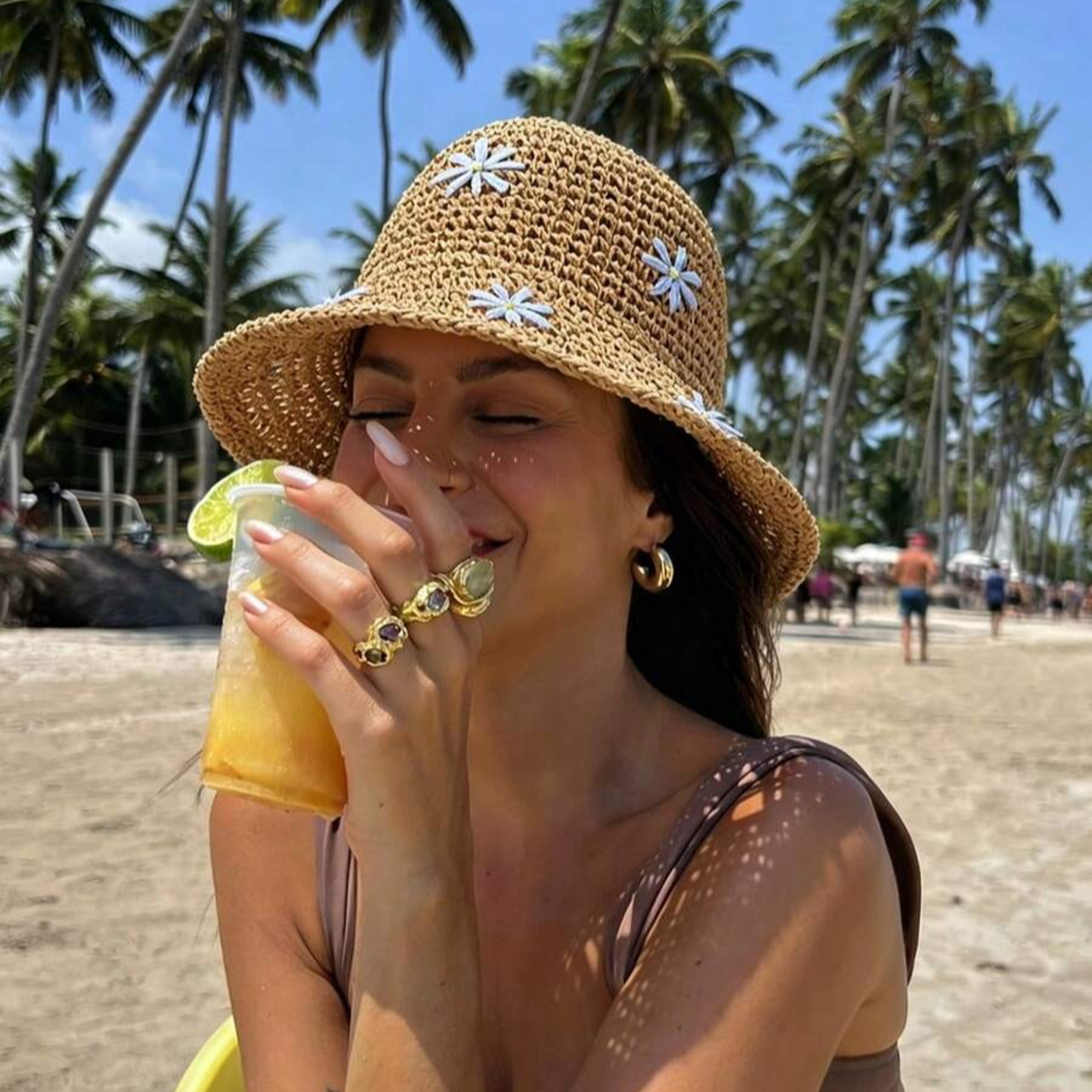 Packable Straw Sun Hat With Floral Accent 1