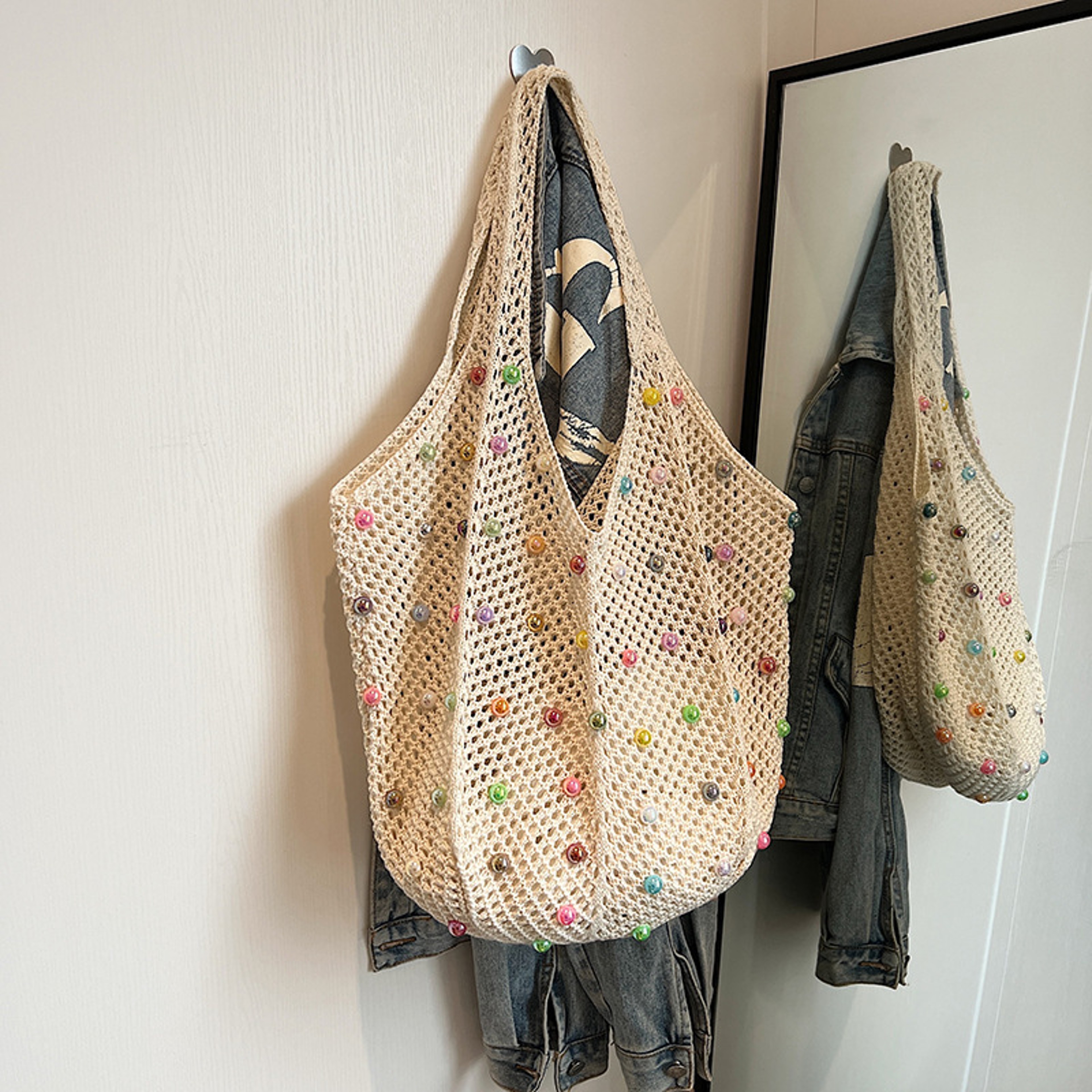 Colored Pearl Knit Beach Handbag and Casual Woven Shoulder Tote – view 2