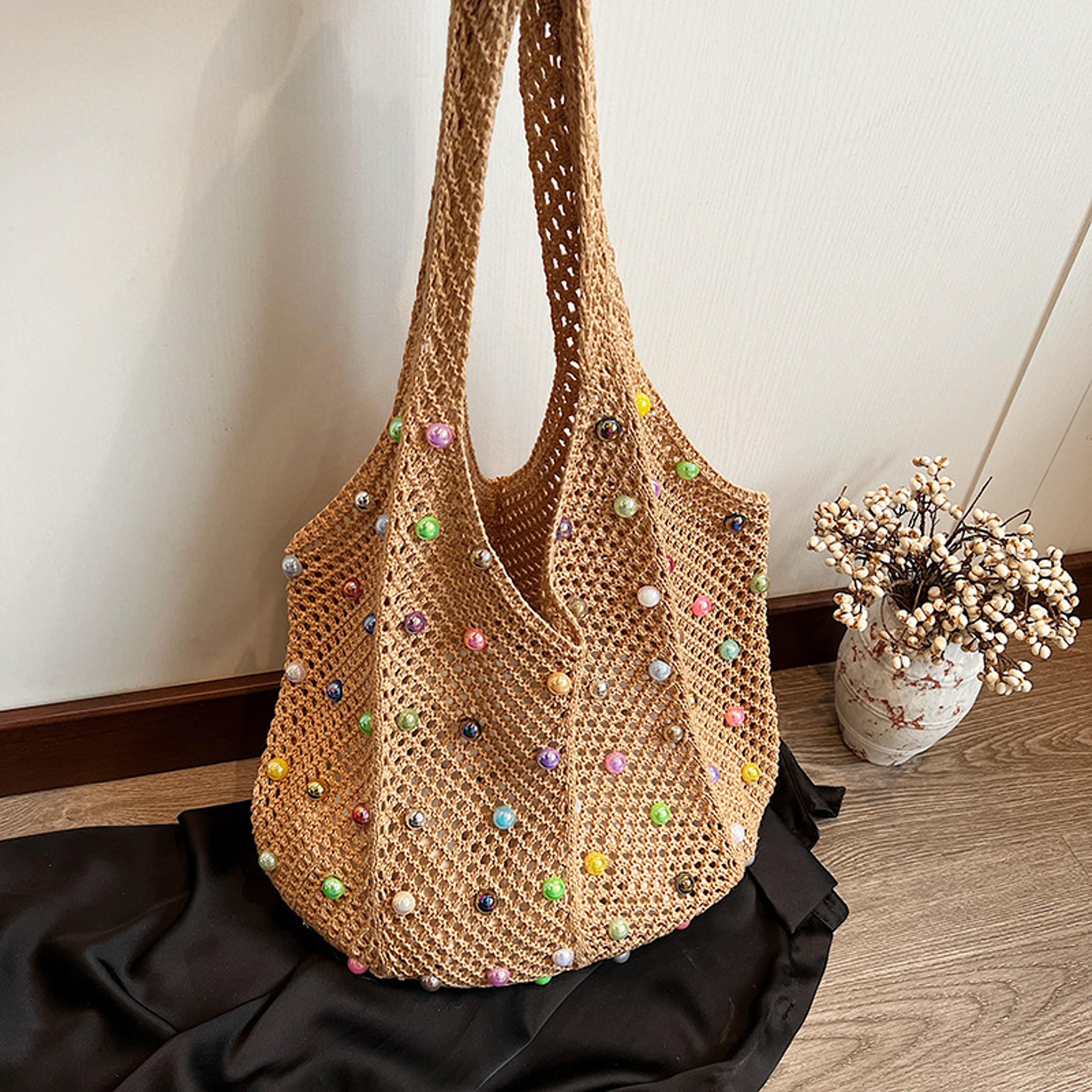 Colored Pearl Knit Beach Handbag and Casual Woven Shoulder Tote – view 3