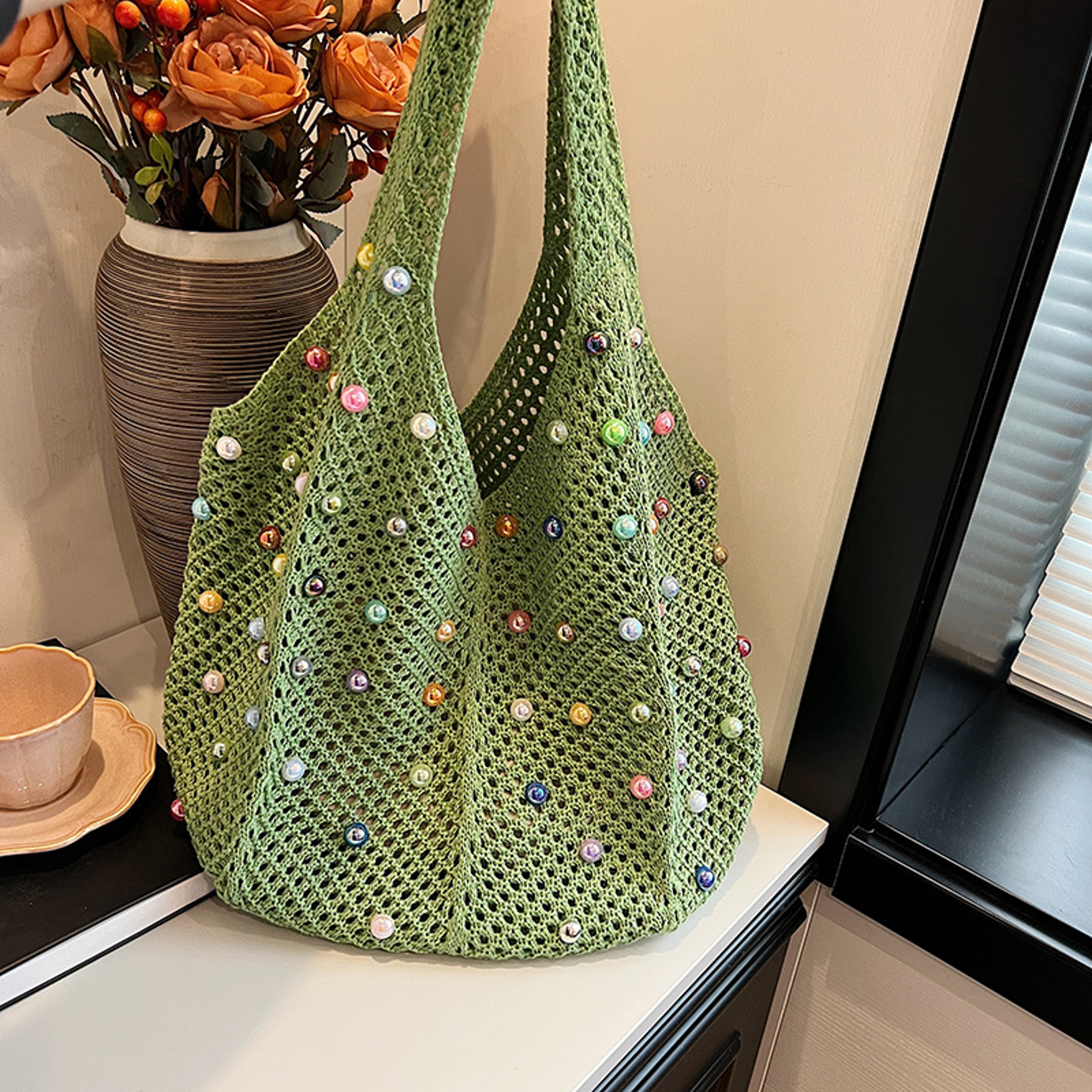 Colored Pearl Knit Beach Handbag and Casual Woven Shoulder Tote – view 8