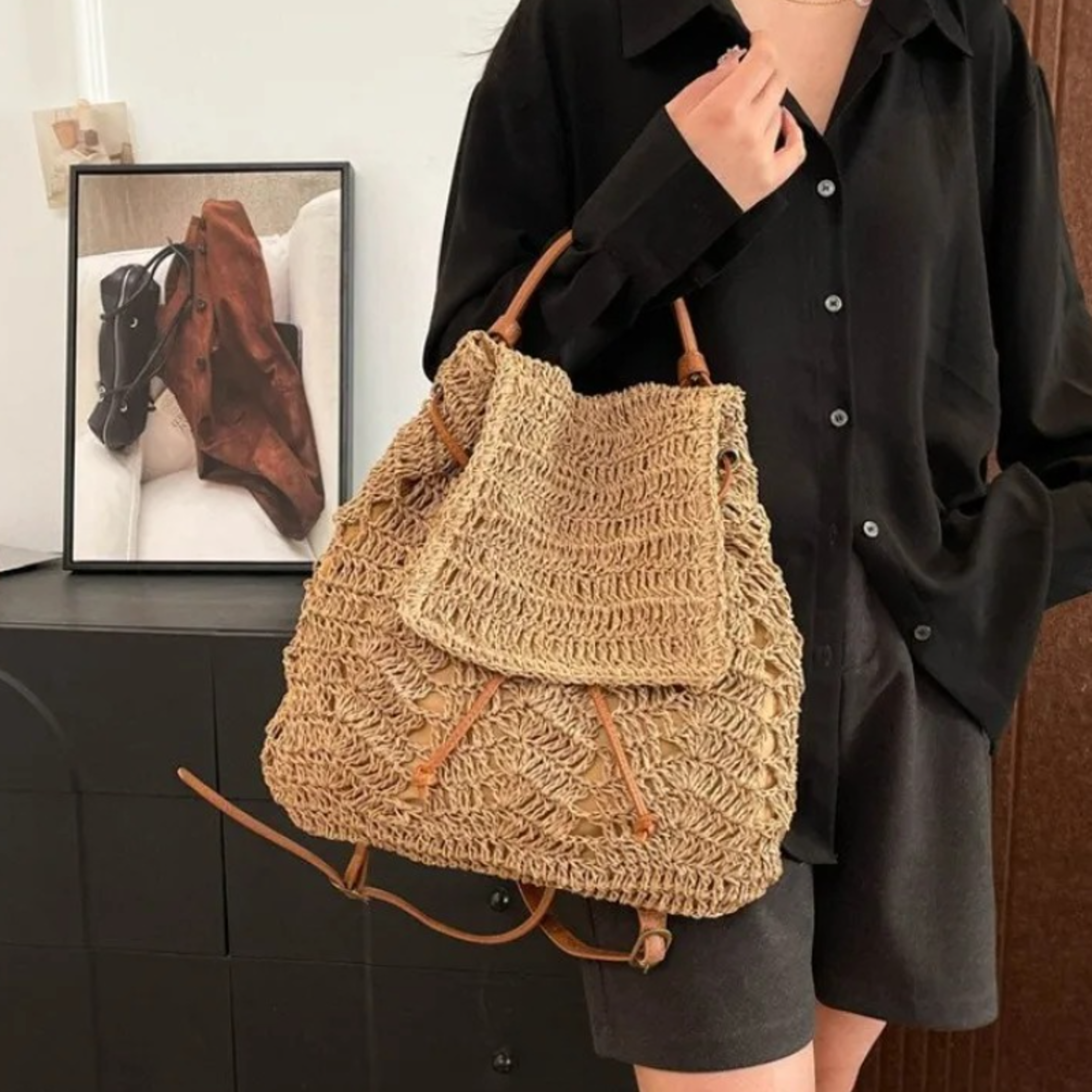 Handwoven Straw Backpack women – view 3