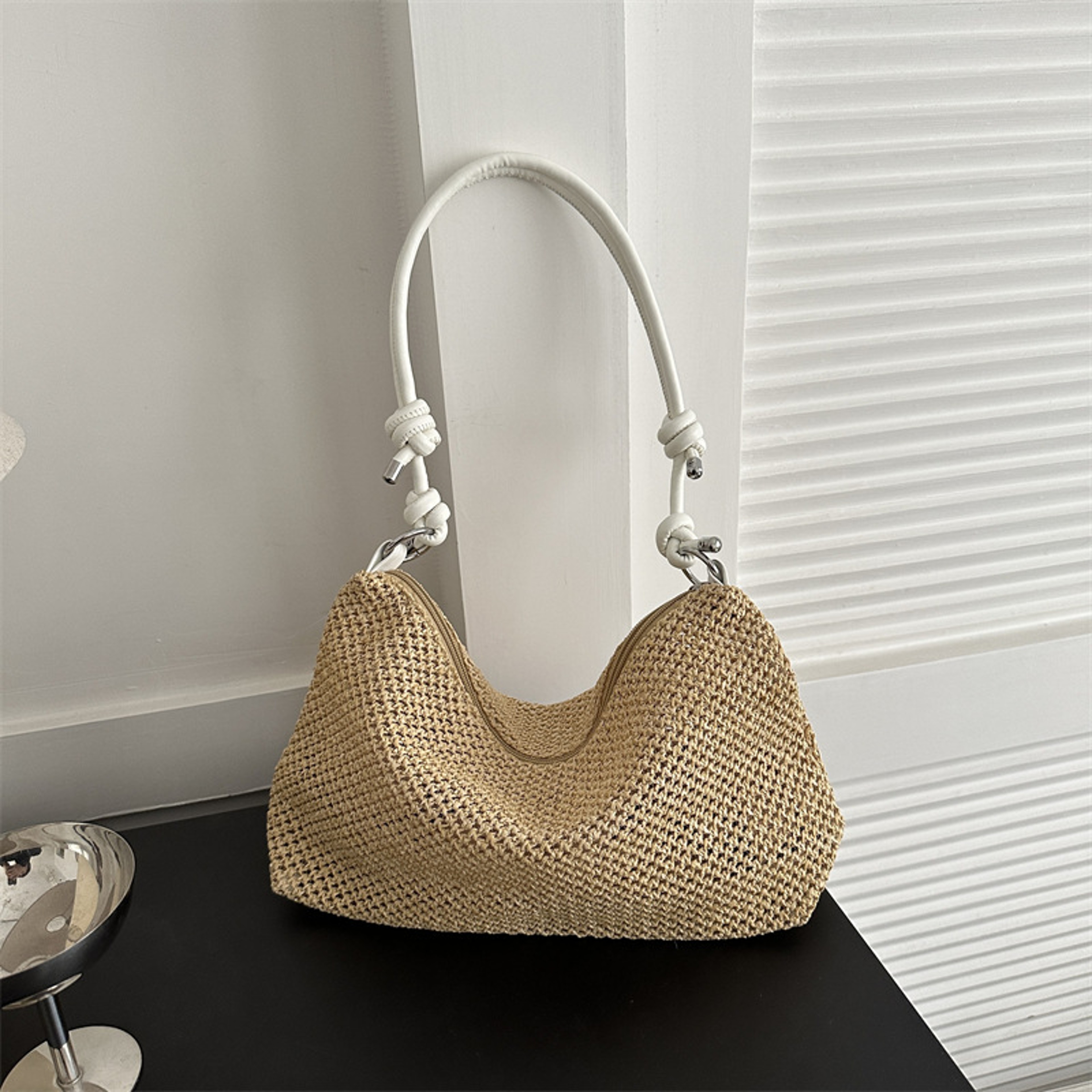 Chic Woven Straw Shoulder Bag with Knotted Leather Handles – view 3