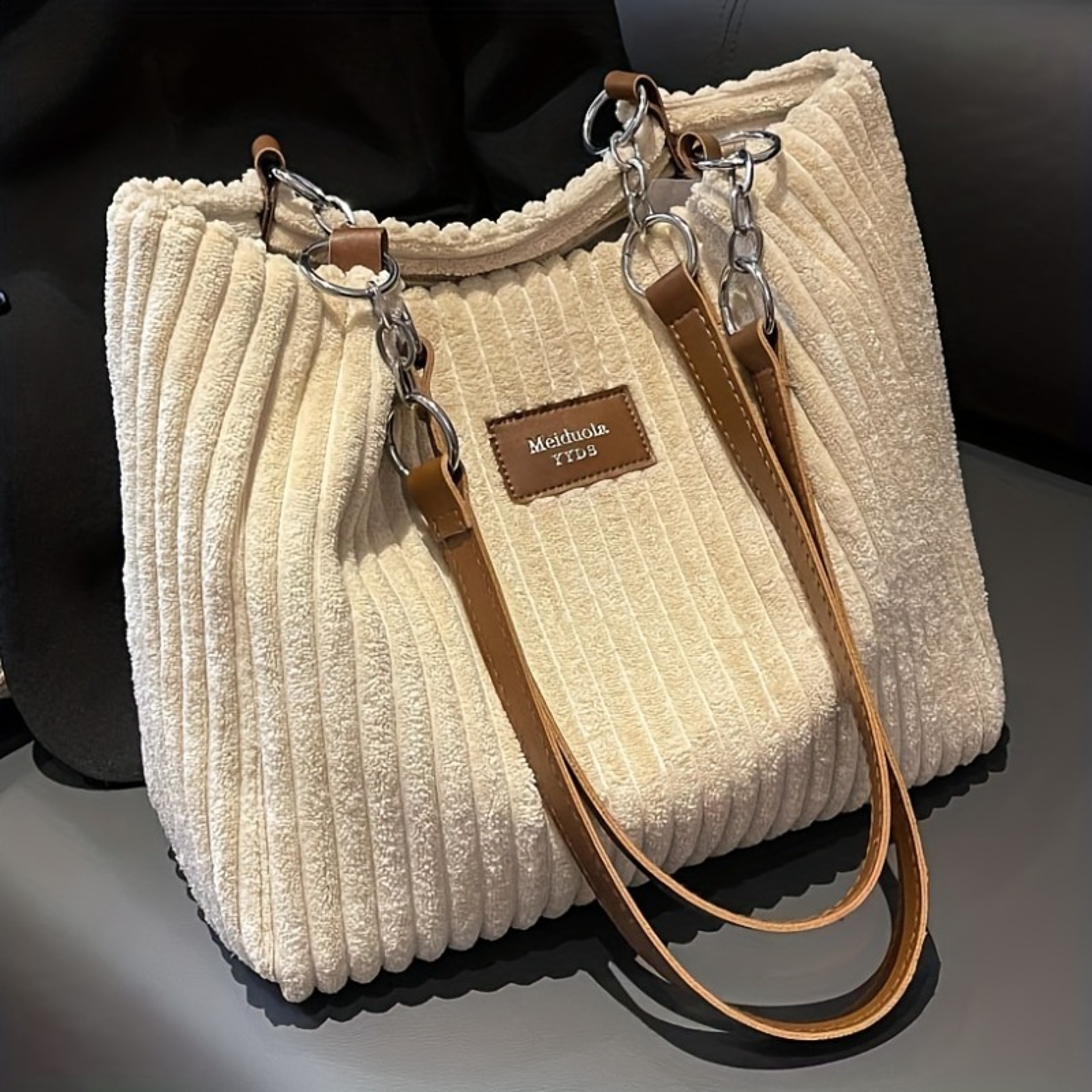 Chic Corduroy Tote Bag for Women, Spacious Everyday Shoulder Handbag with Chain Accent – view 3