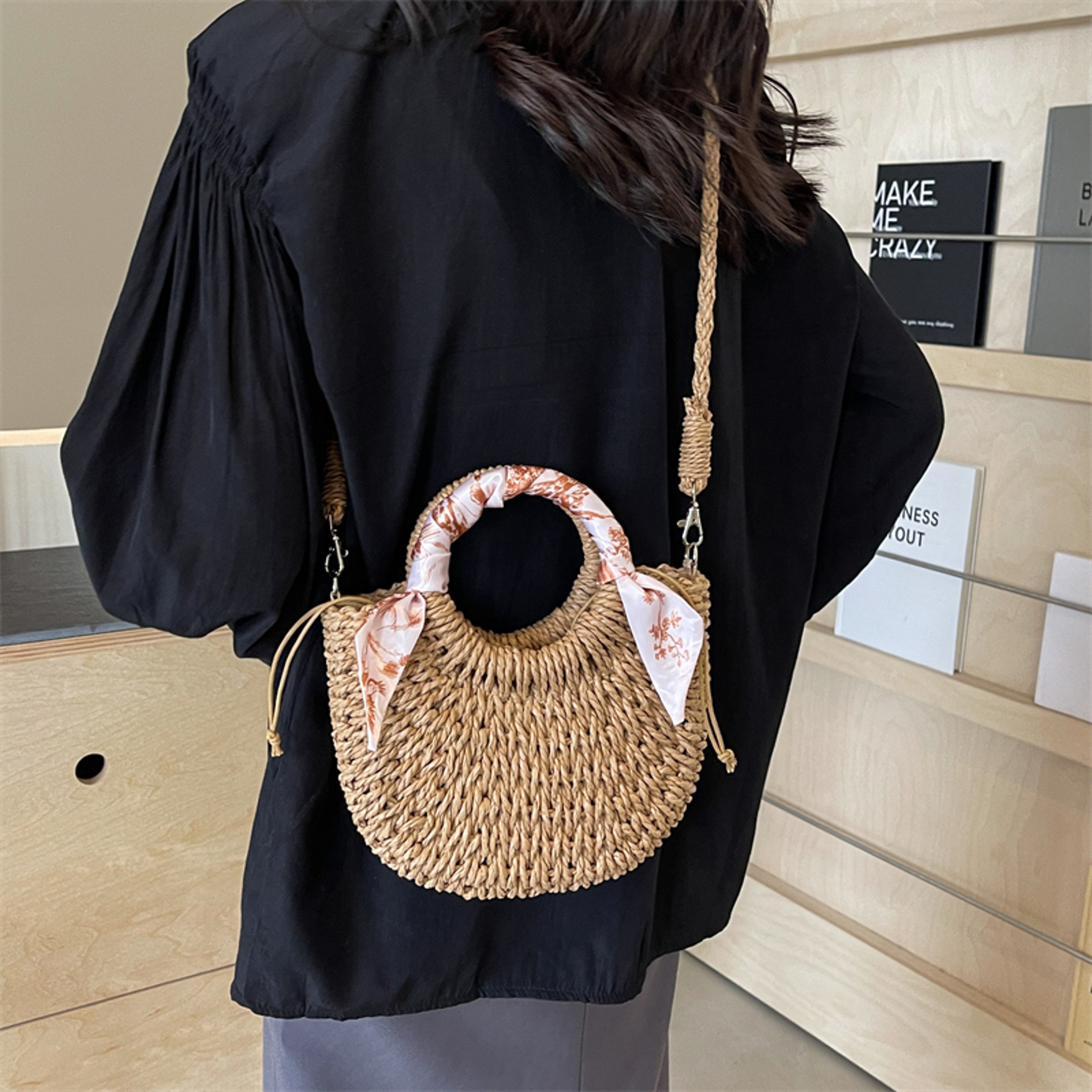 Handmade Rattan Woven straw bag and summer beach bag with Half-Moon Design – view 6