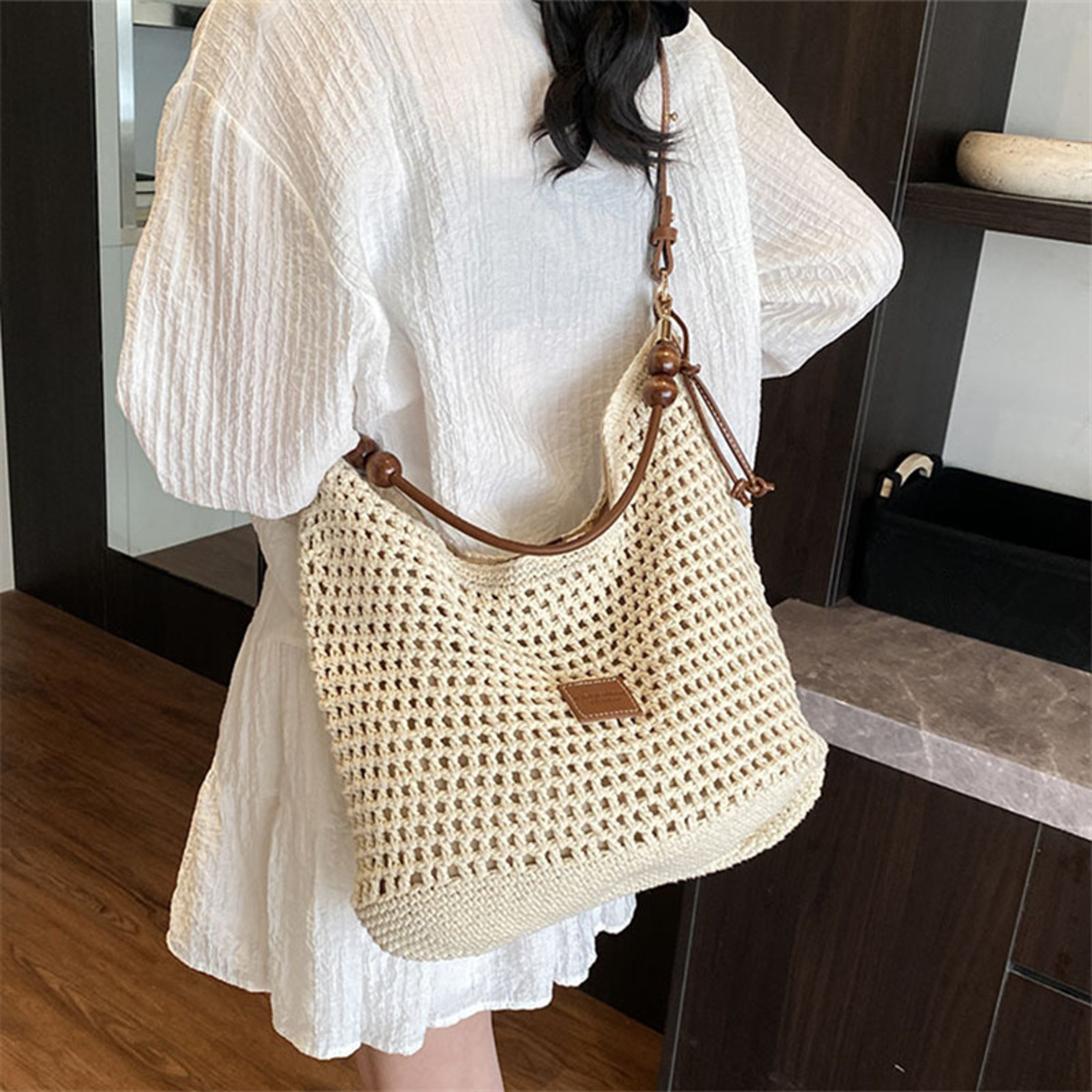 Summer Knitted Hollow Shoulder Bag with Leather Strap – view 2