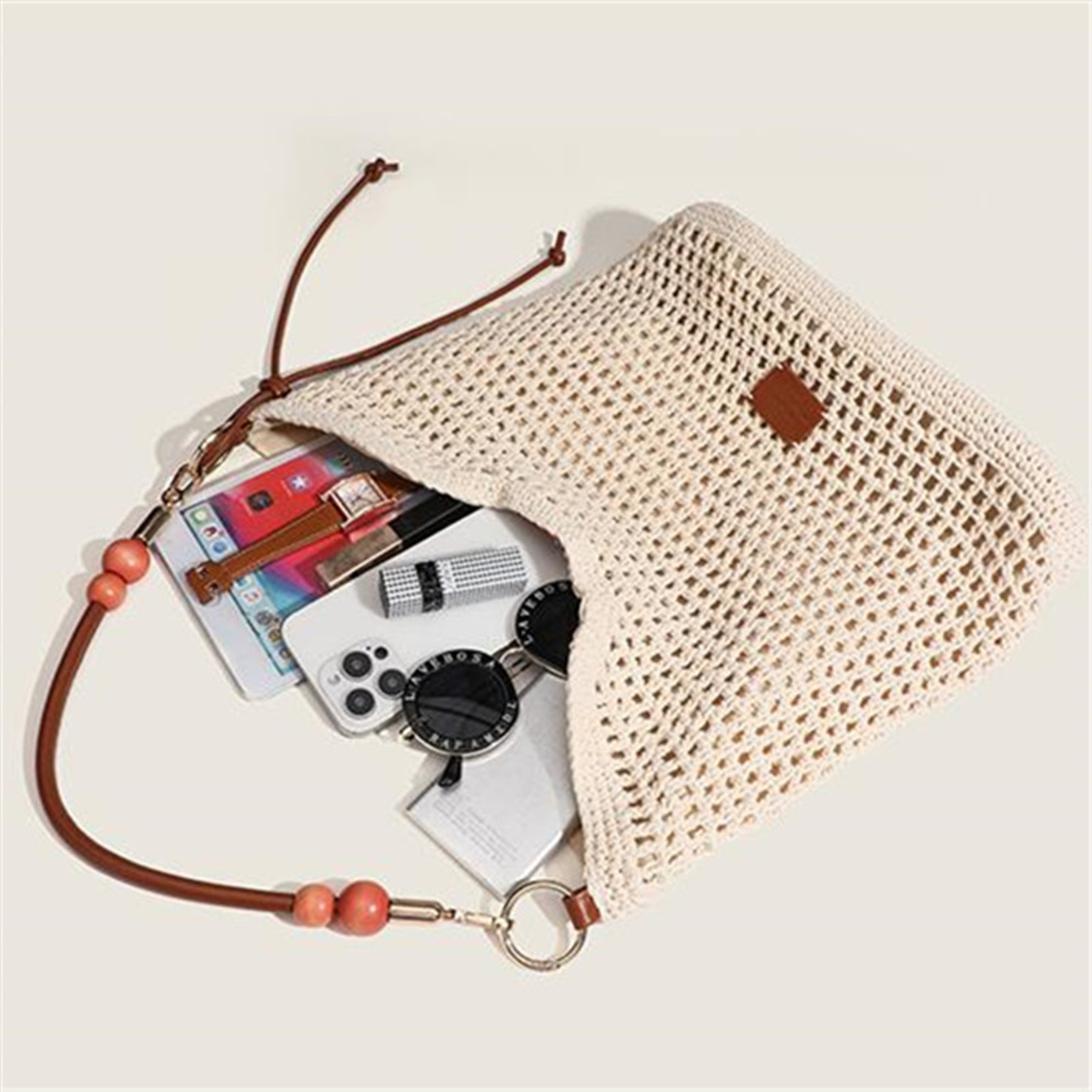 Summer Knitted Hollow Shoulder Bag with Leather Strap – view 5