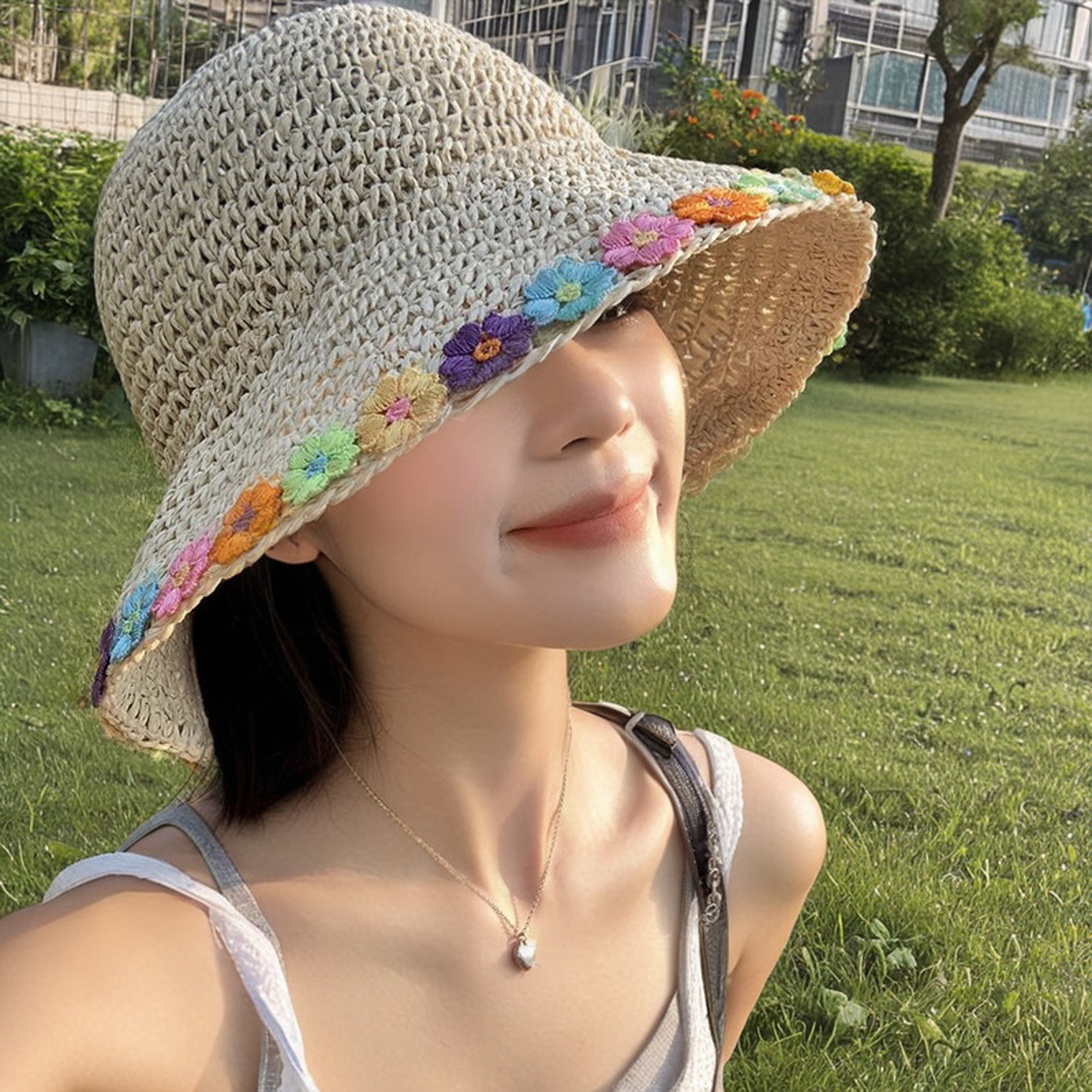 Woven Straw Sun Hat With Floral Accent 2