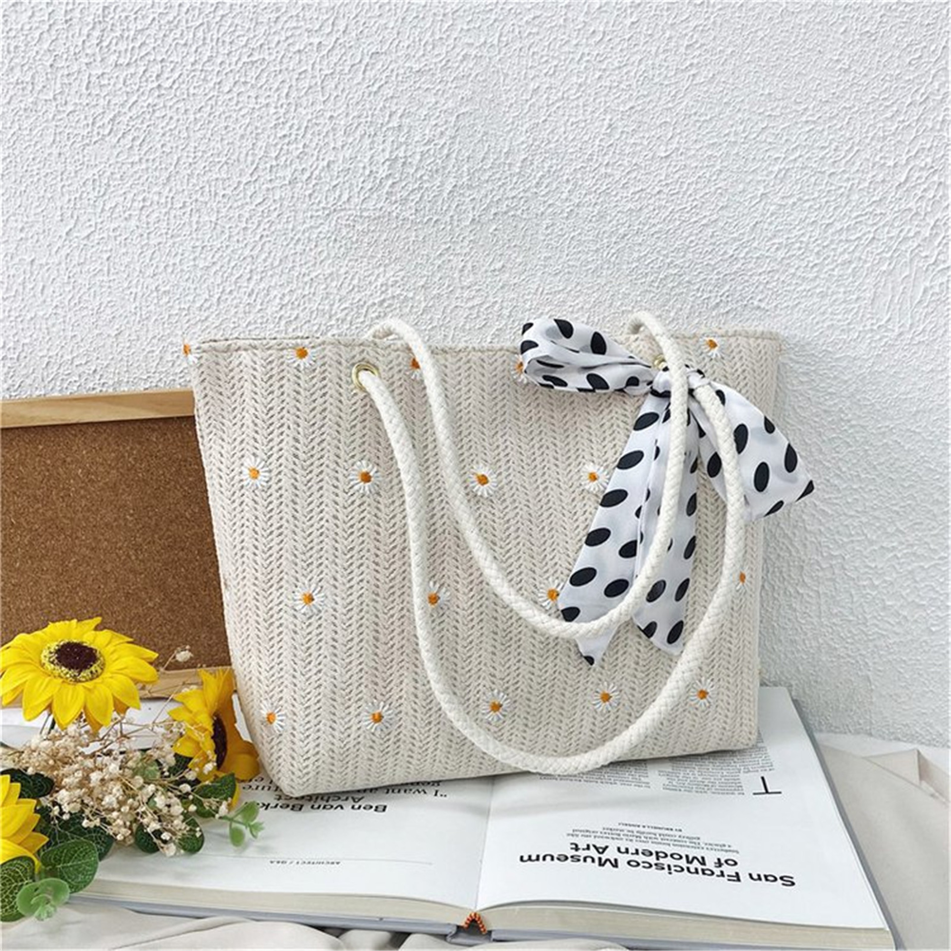 Floral Embroidered Straw Beach Tote Bag – view 10