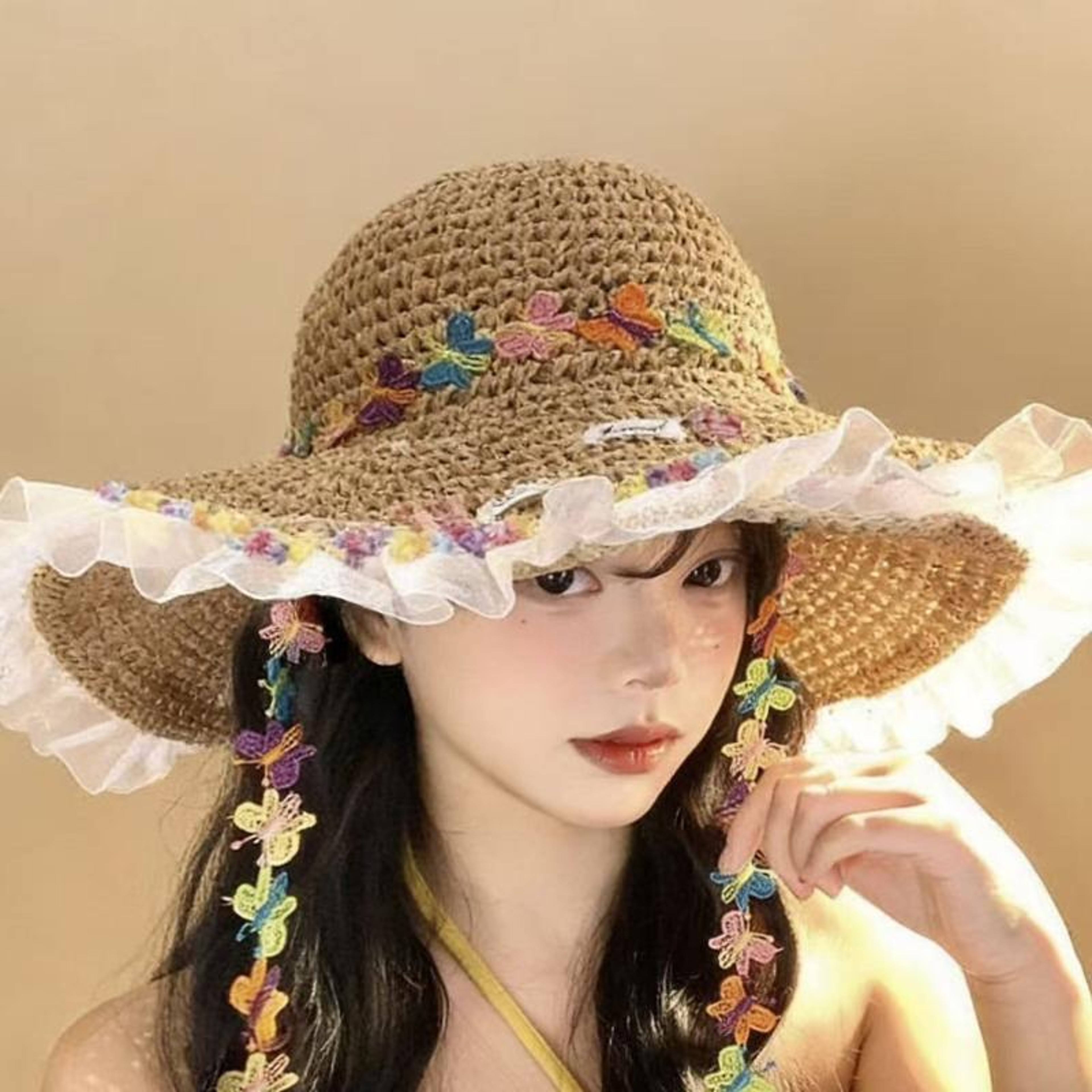 Summer Colorful Butterfly Straw Hat Wide Brim Beach Sun Protection – view 3