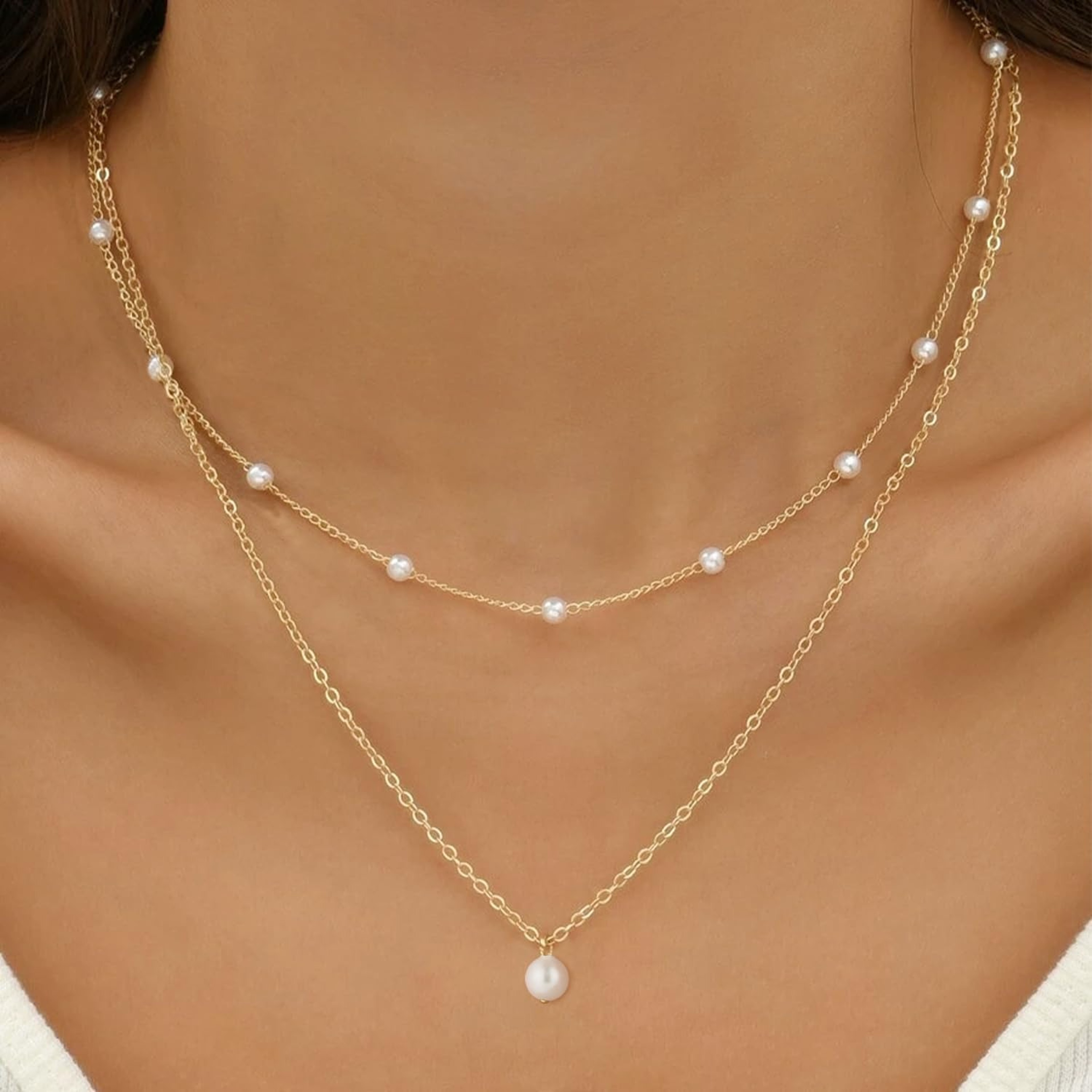 Radiant Layered Gold Pearl Necklace – view 2