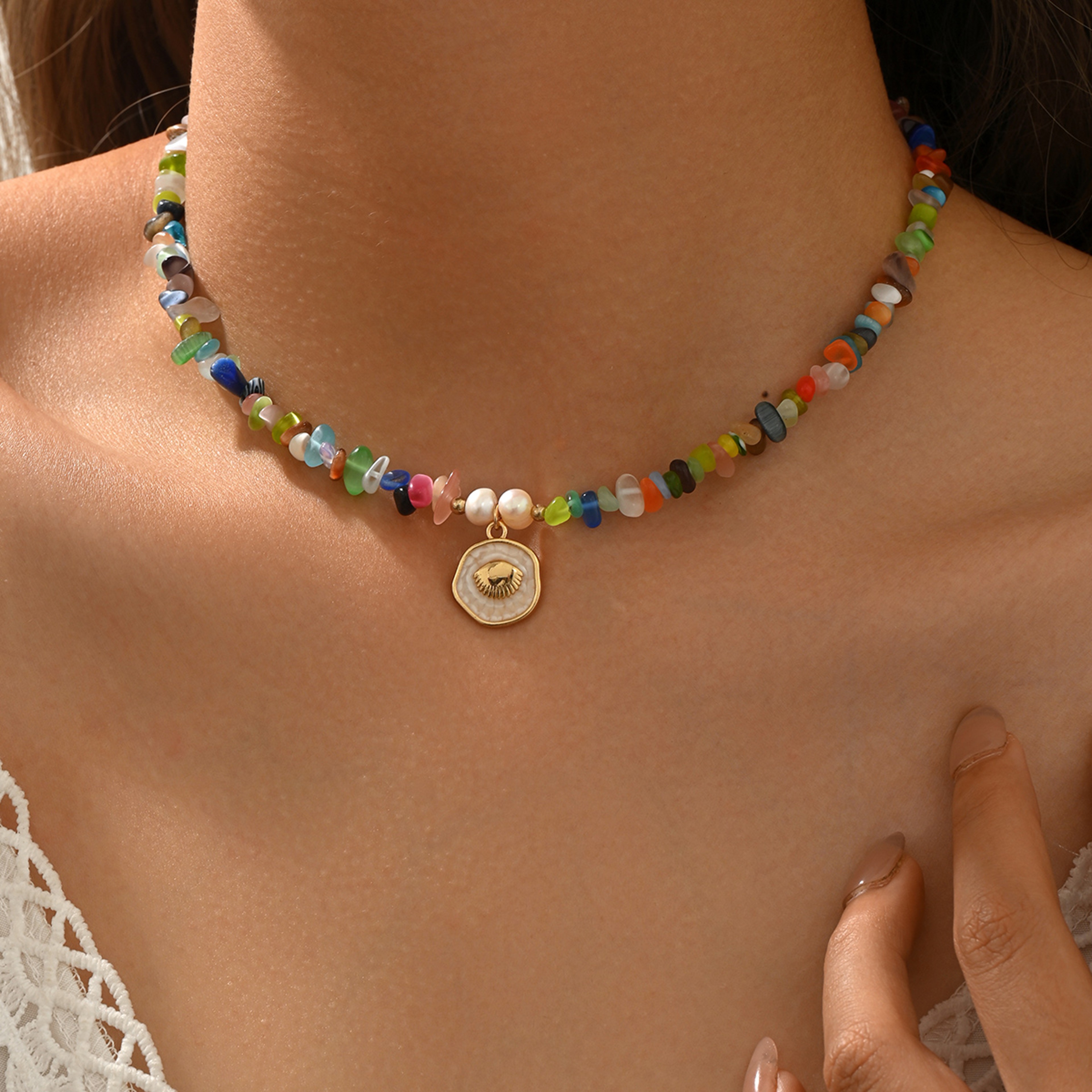 Colorful Chip Stone Choker Necklace with Shell Pendant – view 7