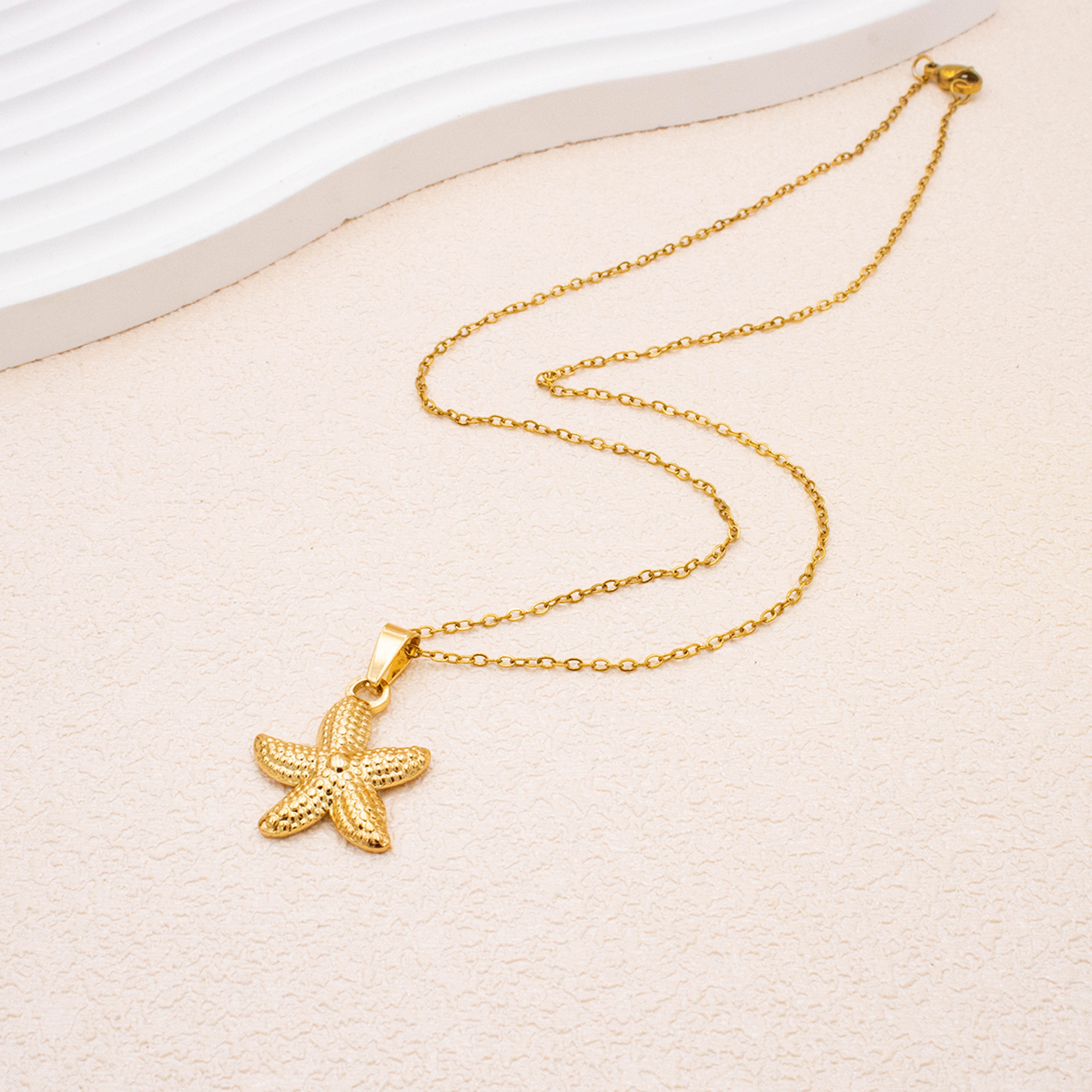 Gold Starfish Pendant Necklace For Women Stainless Steel Waterproof Beach Jewelry 0