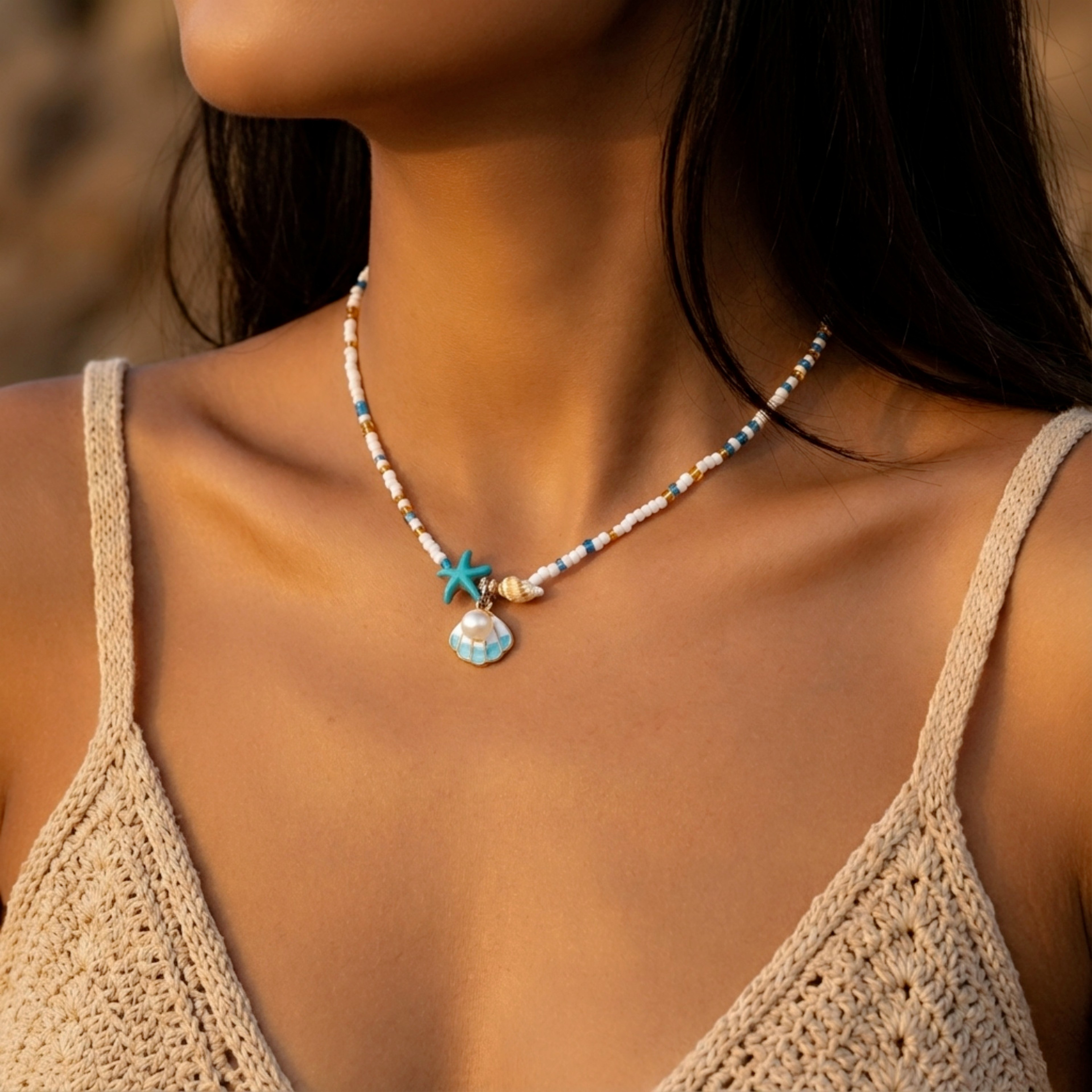 Boho Beaded Choker Necklace With Vintage Silver Shell And Starfish Pendant For Beach Vacation 1