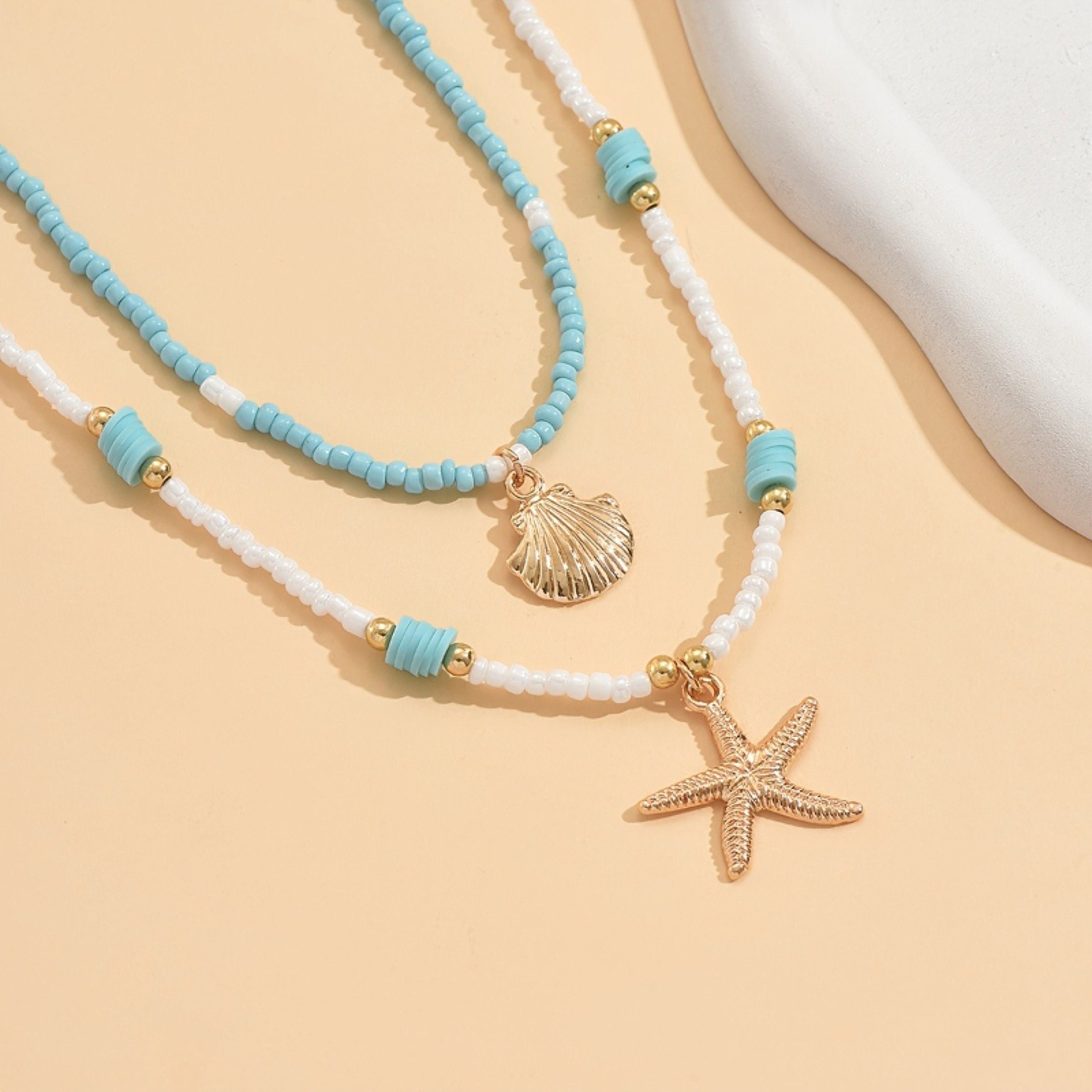 Bohemian Double Layered Necklace with Starfish Shell Pendant – view 2