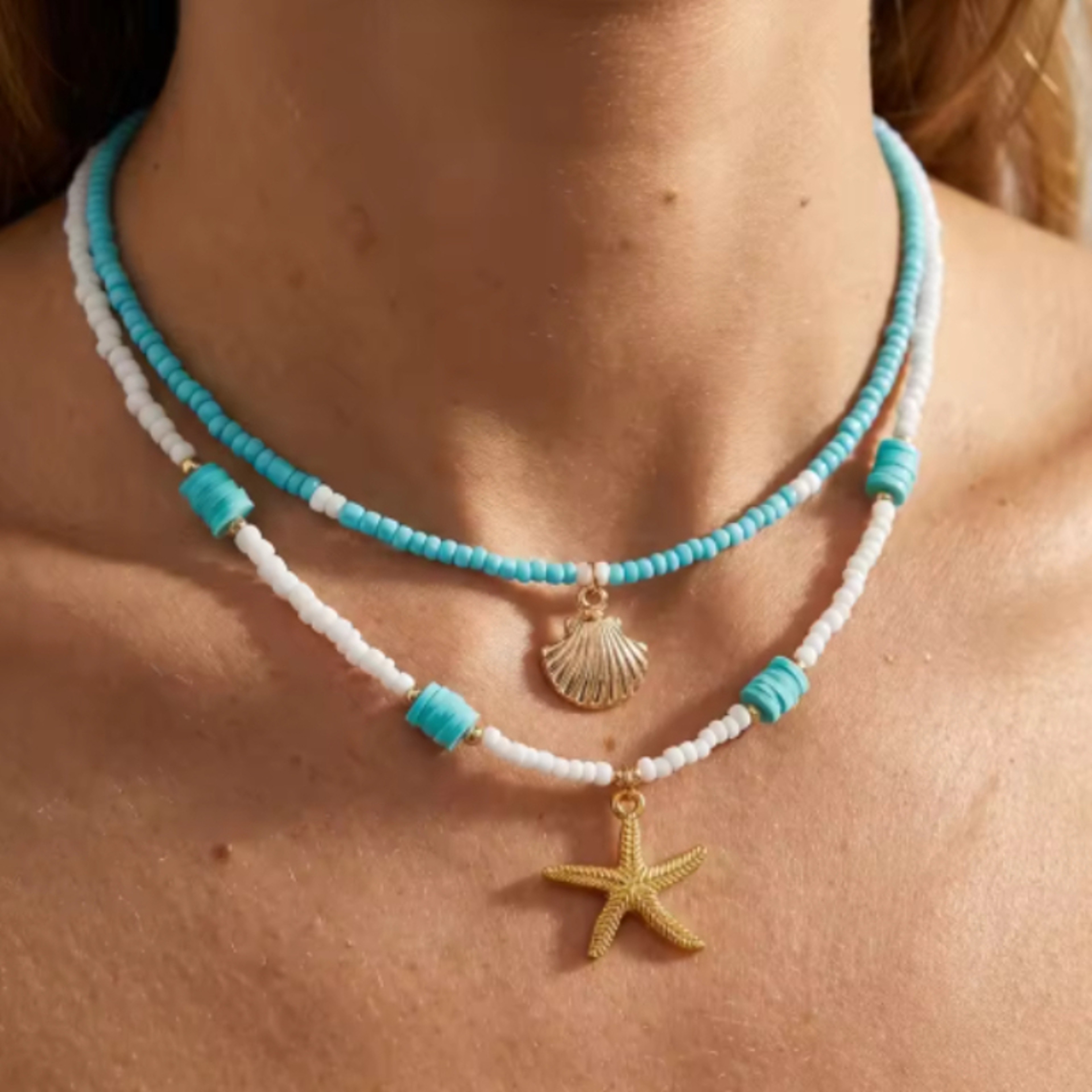 Bohemian Double Layered Necklace with Starfish Shell Pendant – view 4