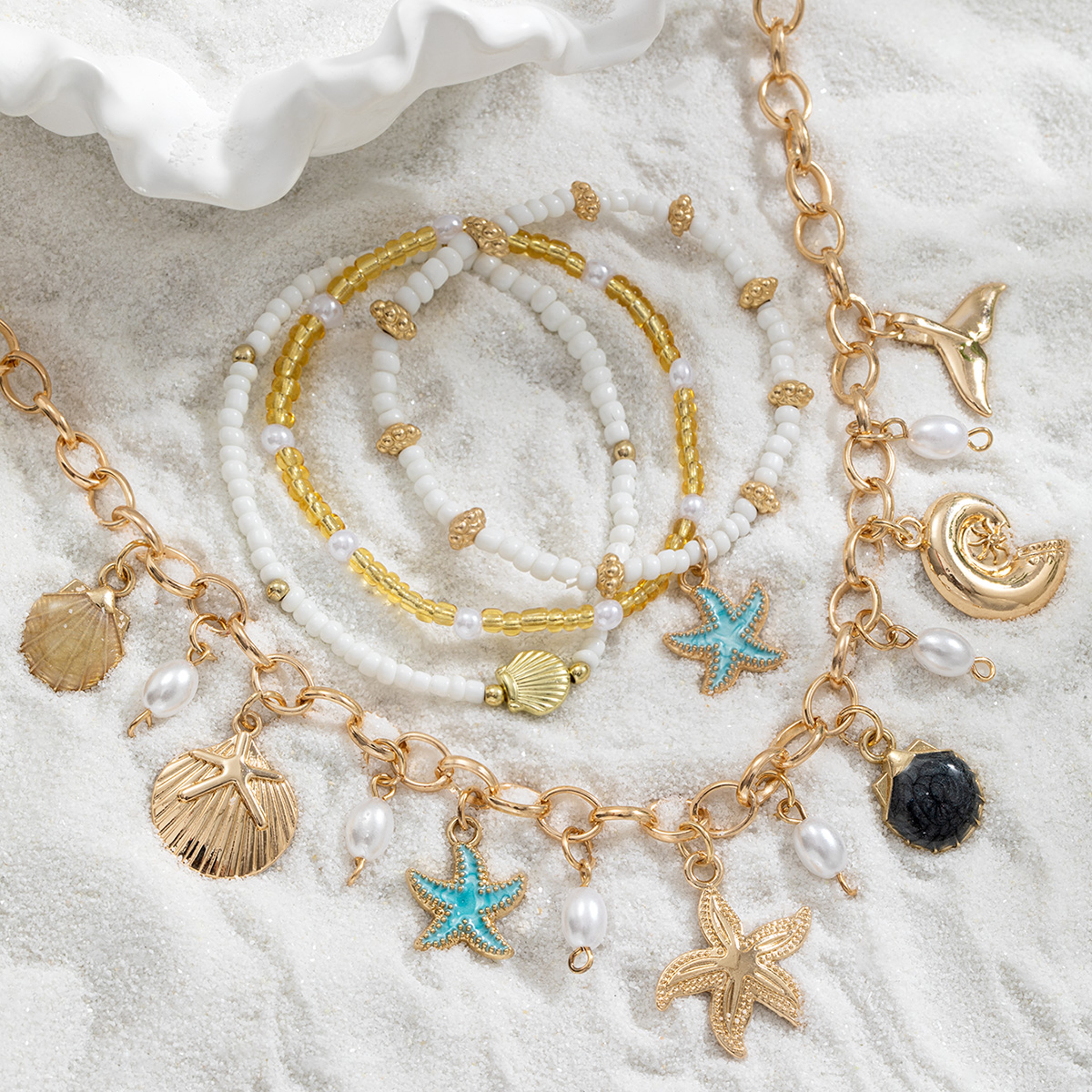 Bohemian Starfish Shell Pearl Necklace and Bracelet Set – view 5