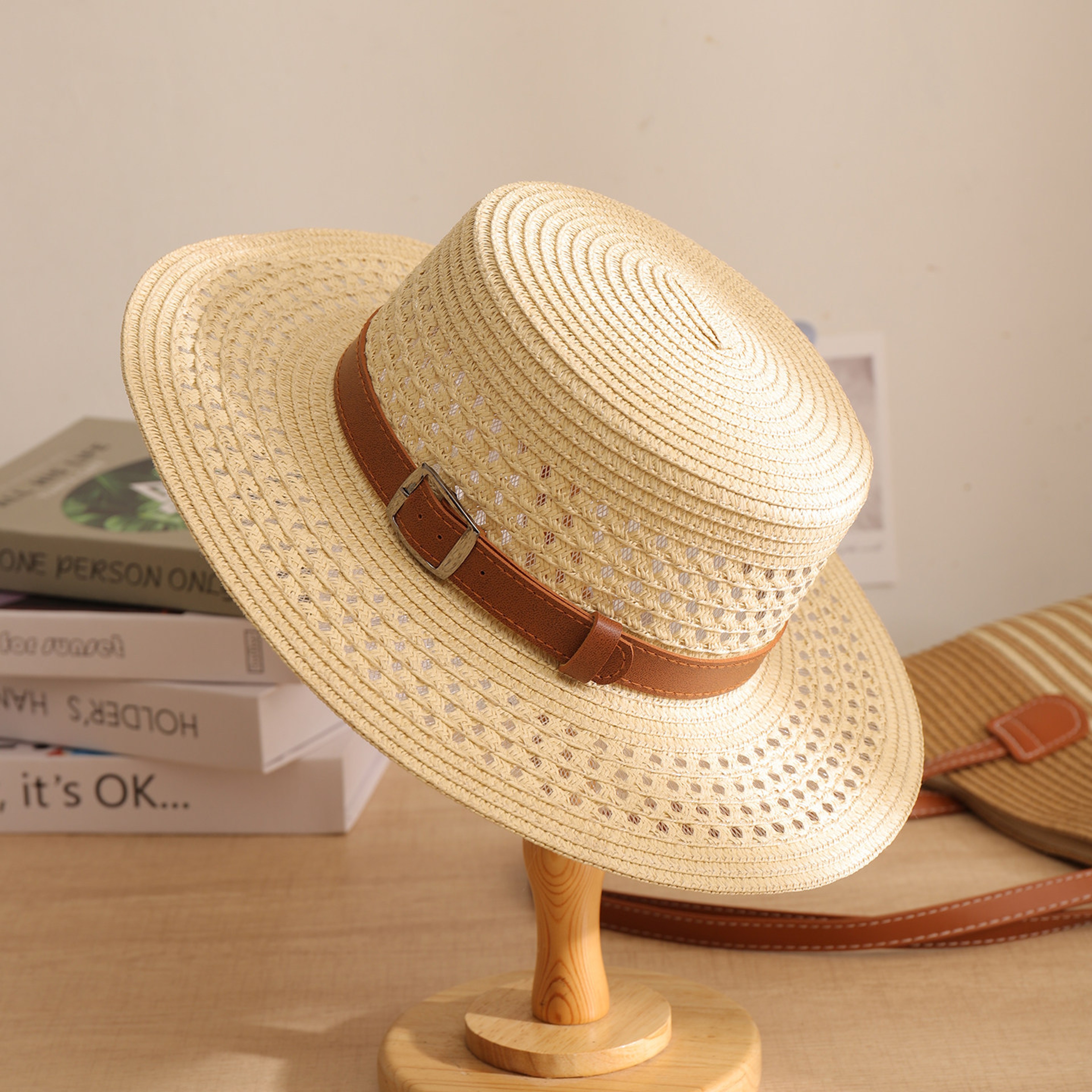 French Straw Sun Hat with Leather Buckle – view 1