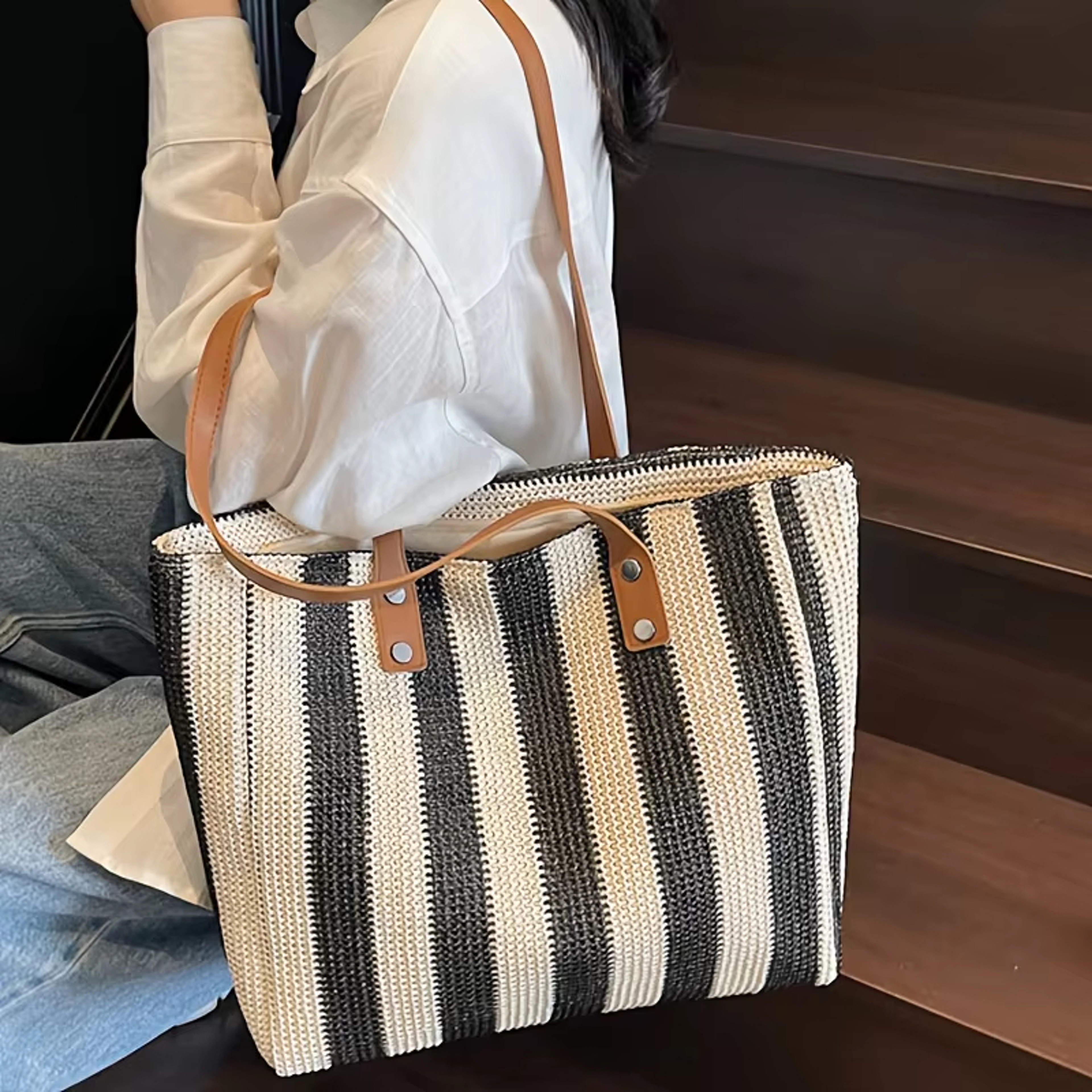 Classic Striped Retro Straw Woven Handbag & Beach Tote – view 2