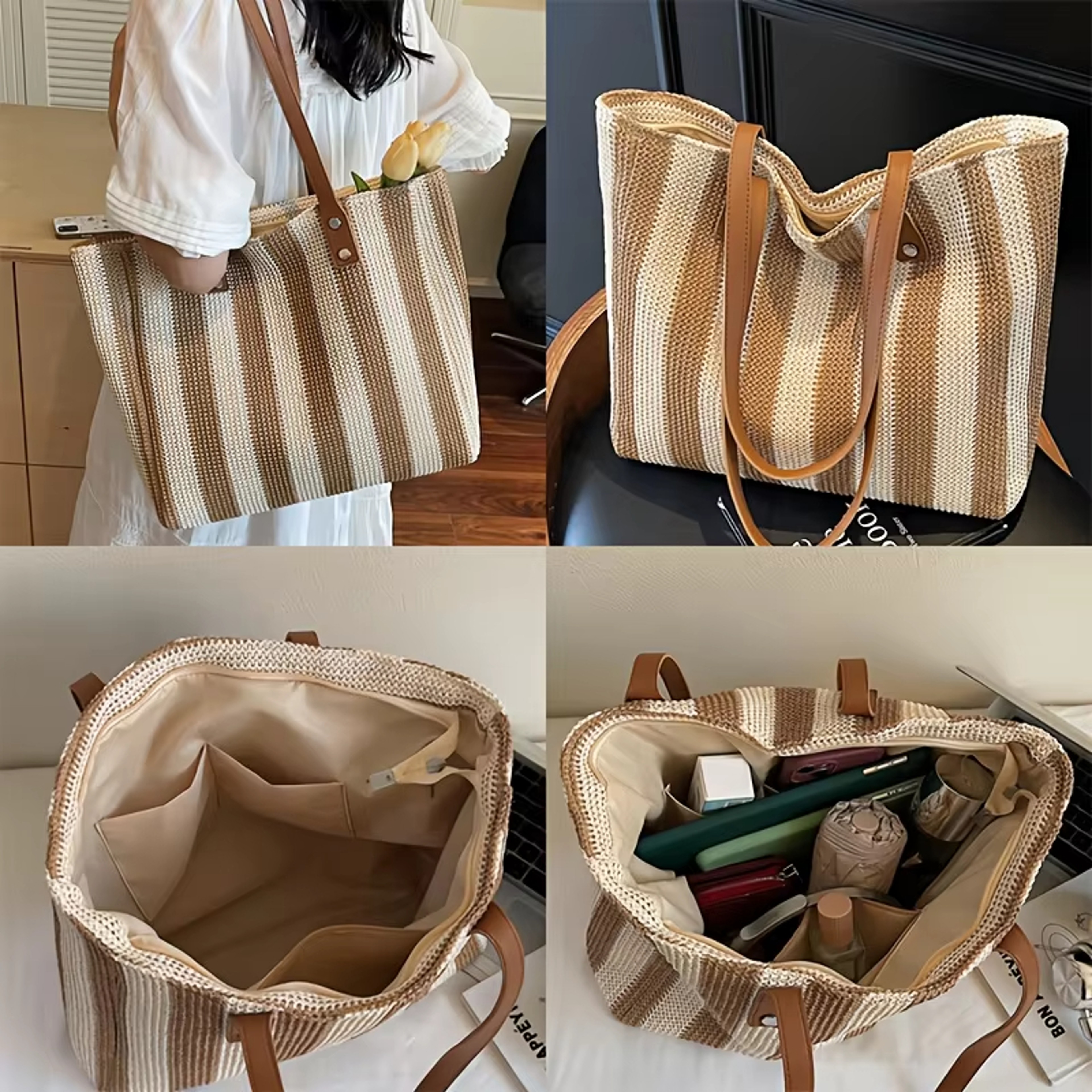 Classic Striped Retro Straw Woven Handbag & Beach Tote – view 6