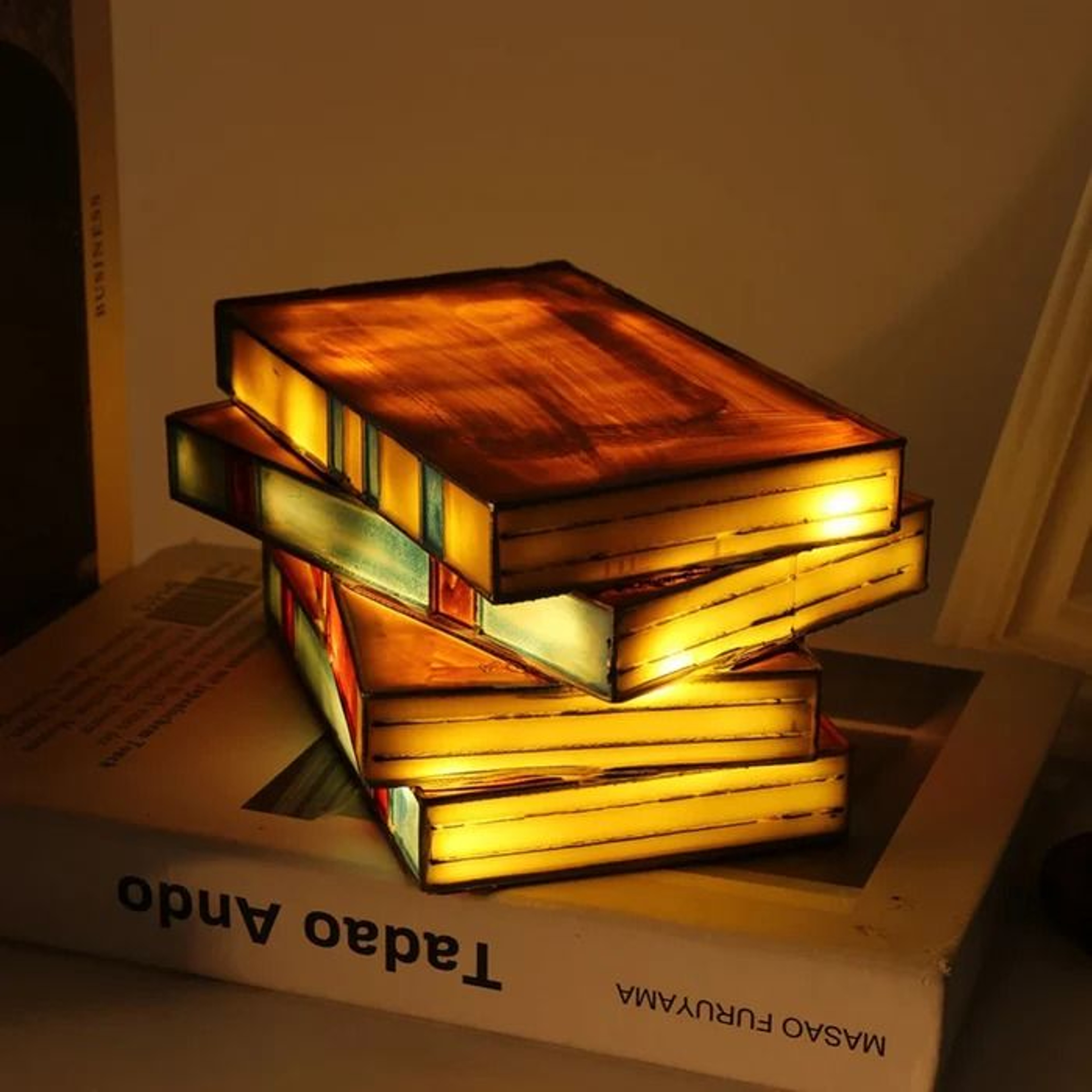 Stained Glass Stacked Books Lamp Elegant Night Light For Table Desk 0