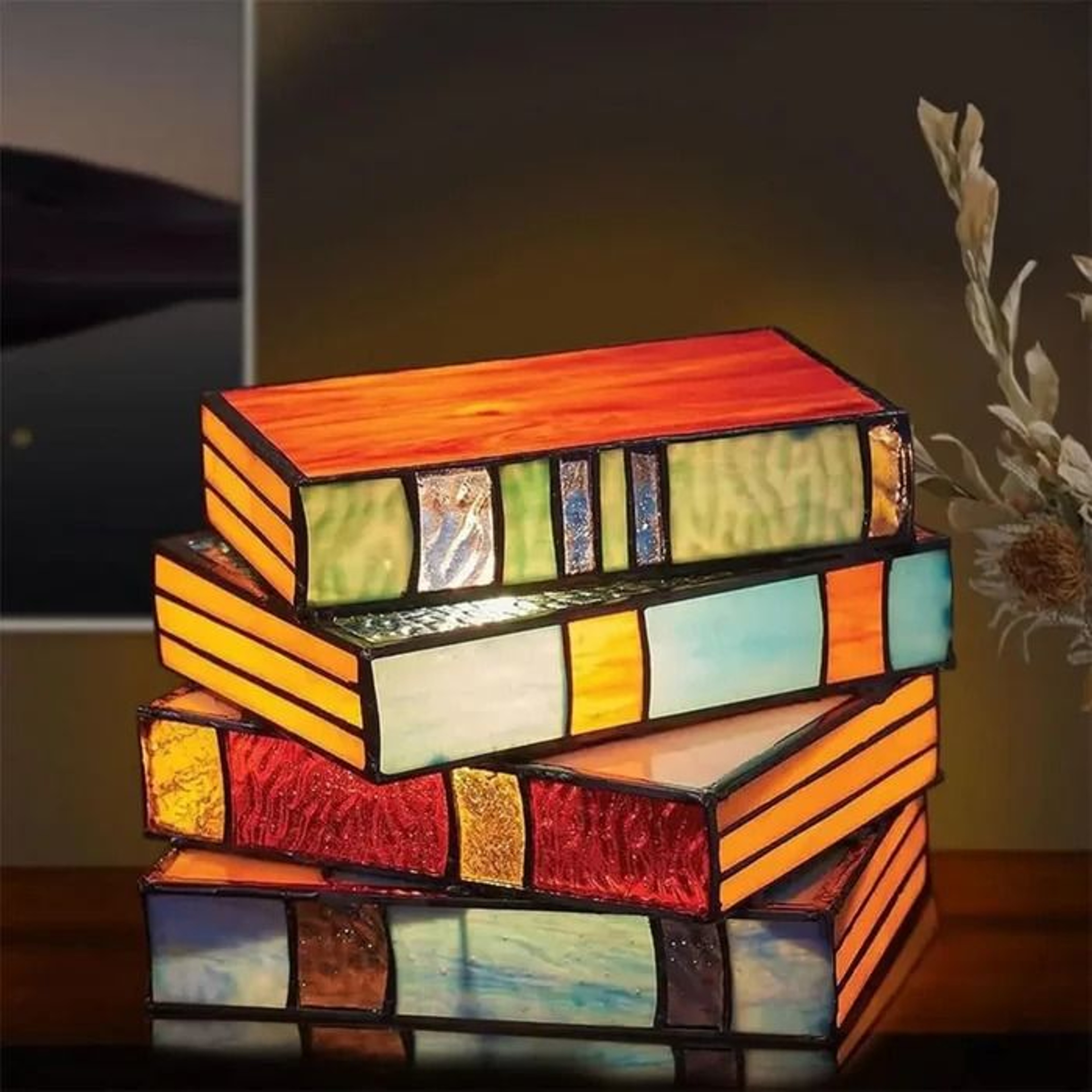 Stained Glass Stacked Books Lamp Elegant Night Light For Table Desk 2