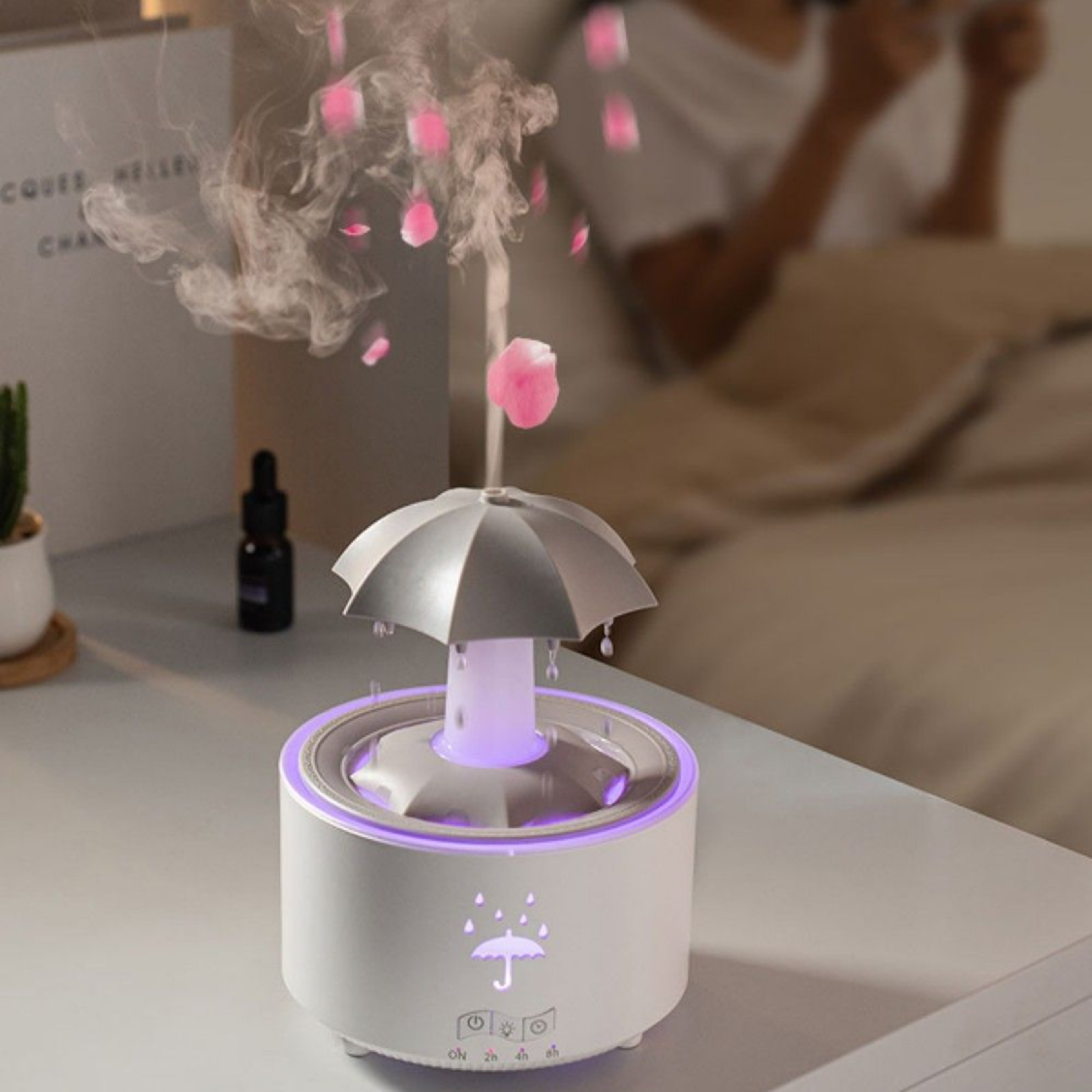 Rotating Umbrella Waterfall Humidifier LED Aromatherapy Diffuser with Raindrop