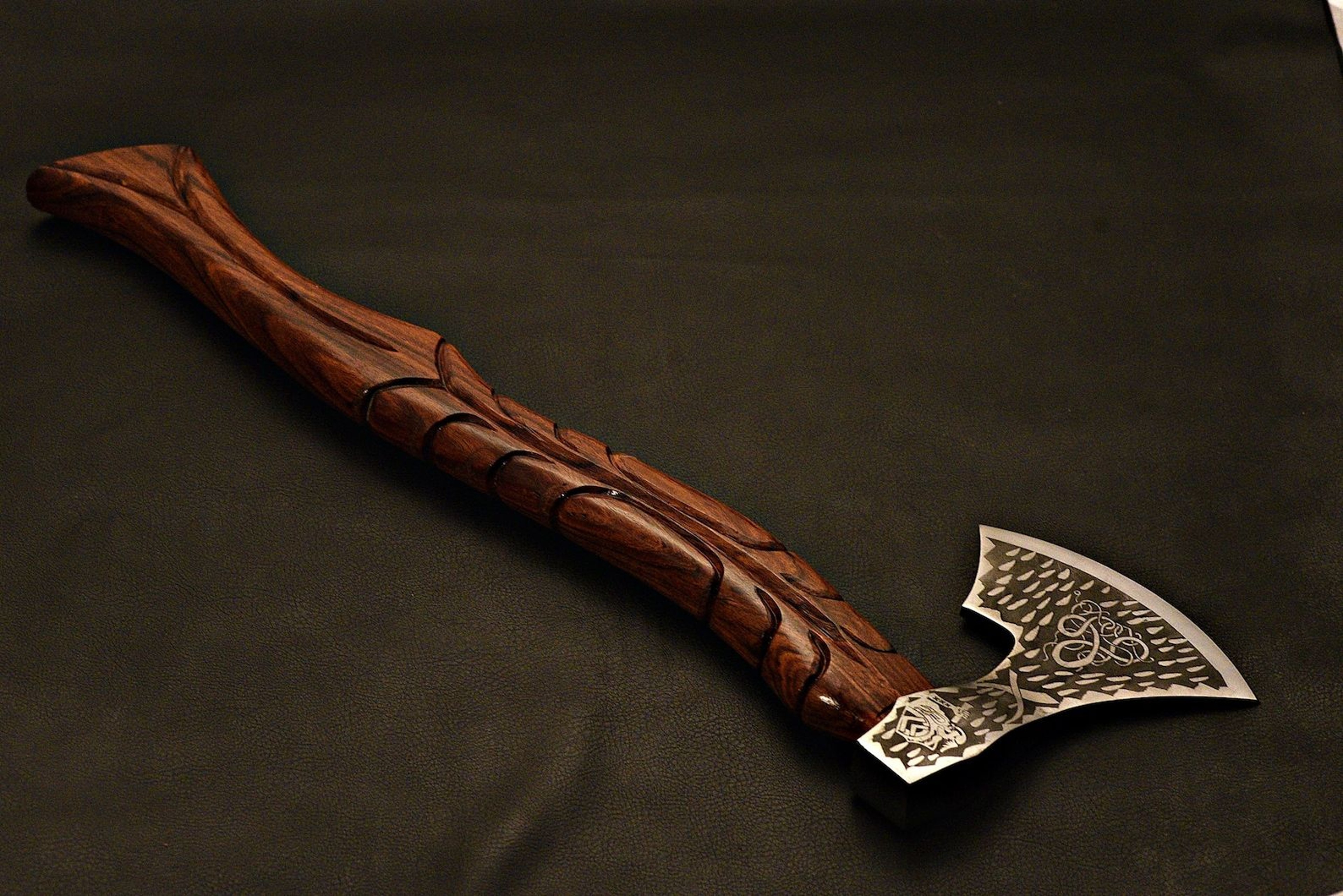 Handmade Viking Axe  Etched Carbon Steel Blade With Rosewood Handle  Display Piece  Christmas Gift 1