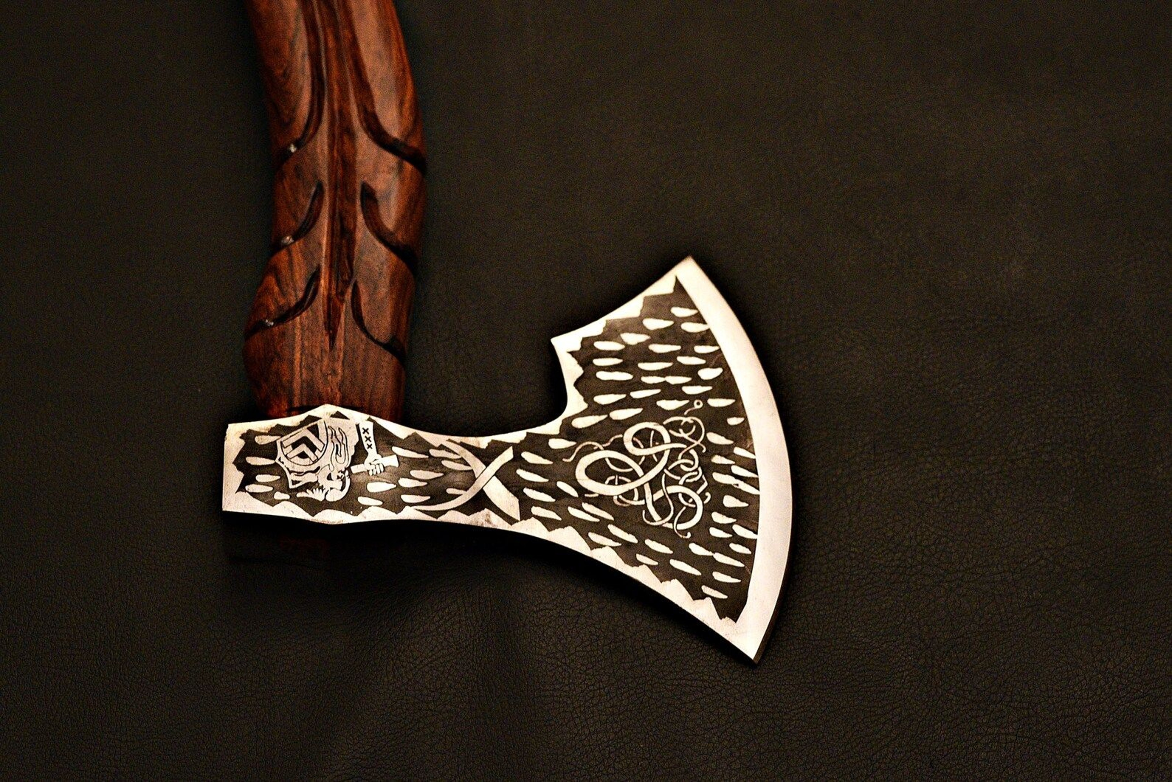 Handmade Viking Axe  Etched Carbon Steel Blade With Rosewood Handle  Display Piece  Christmas Gift 3