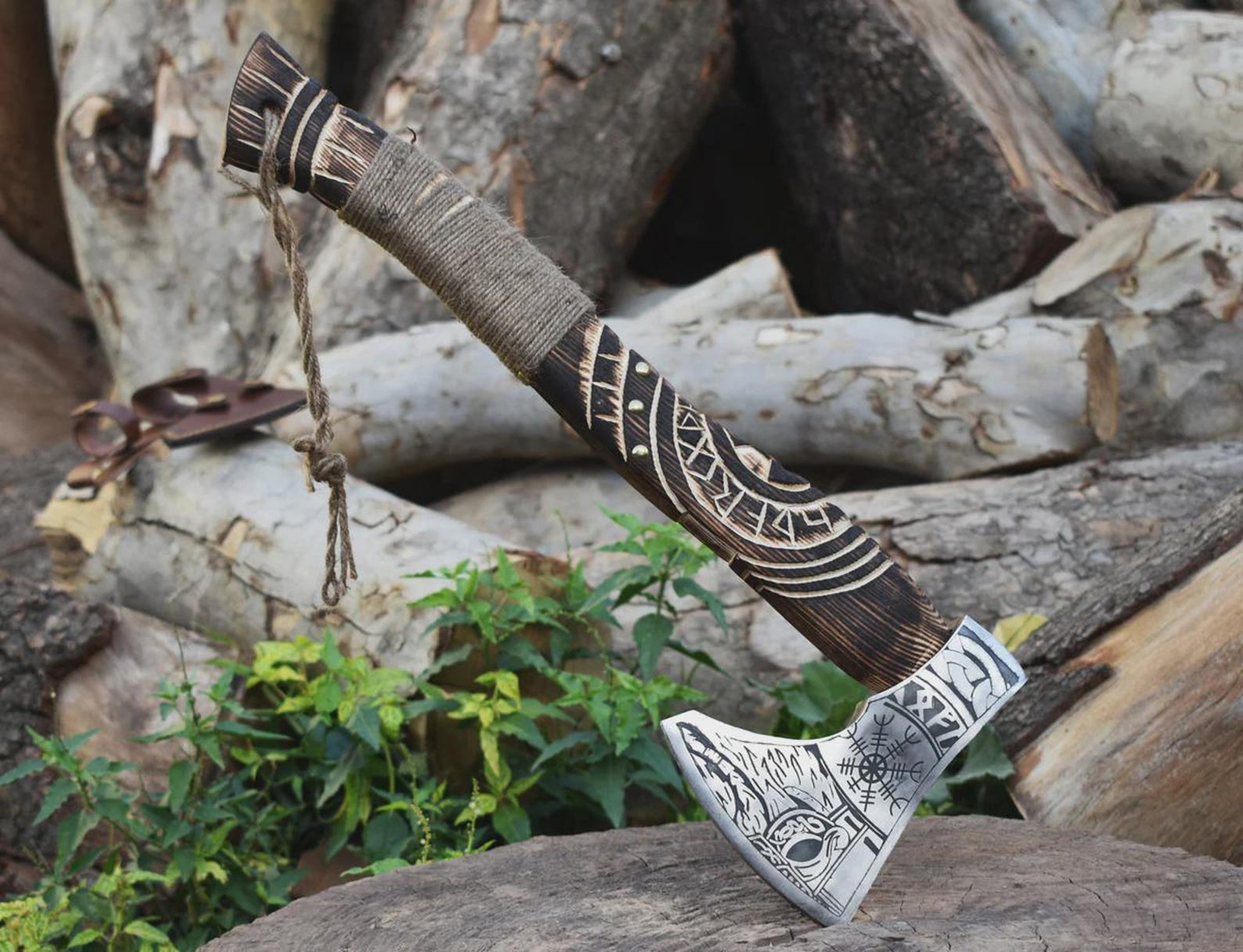 Premium Viking Axe 18 Inch High Carbon Steel Norse Engraved Axe With Wooden Handle 2