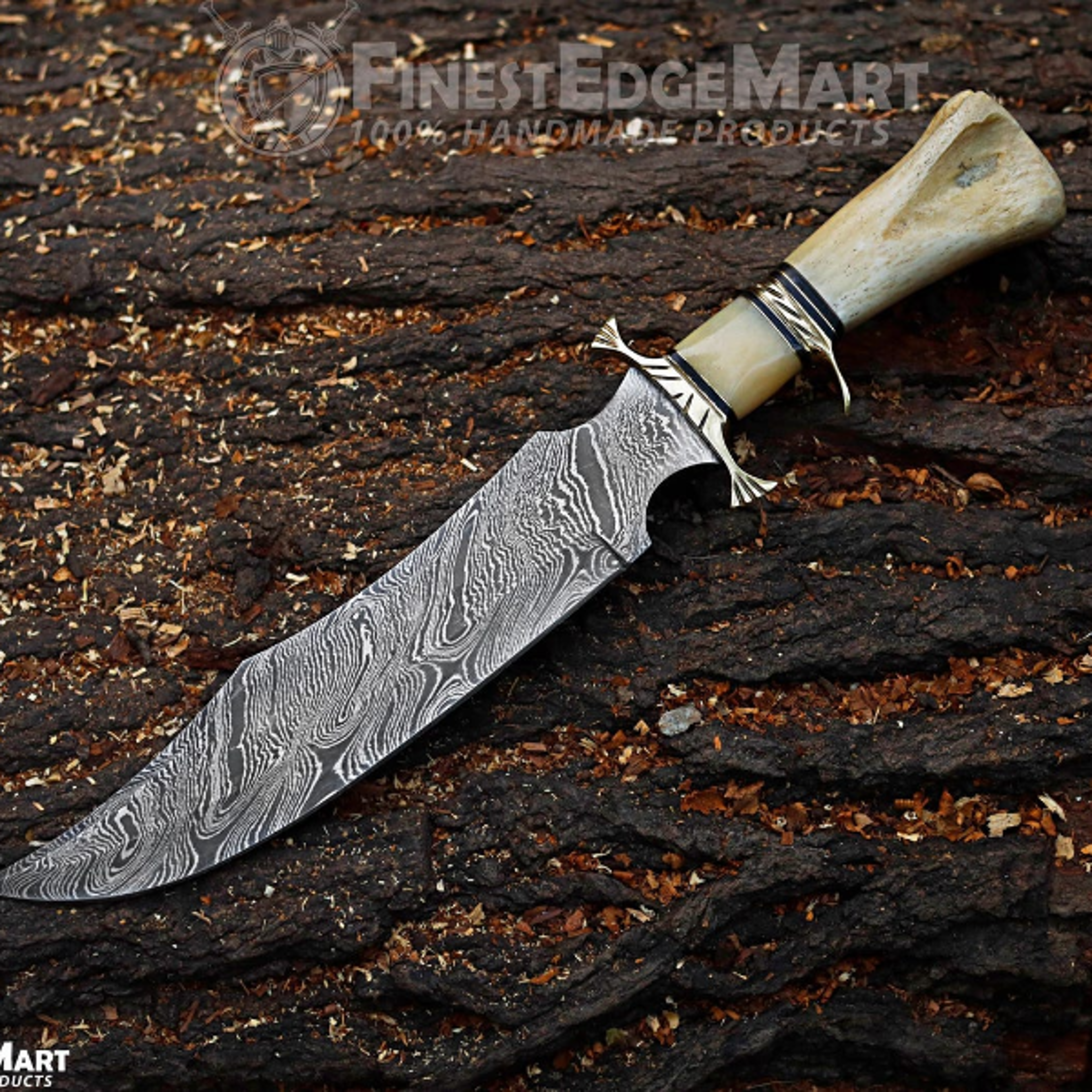 Handcrafted Damascus Steel Bowie Knife With Camel Bone Handle And Leather Sheath  Perfect Gift For