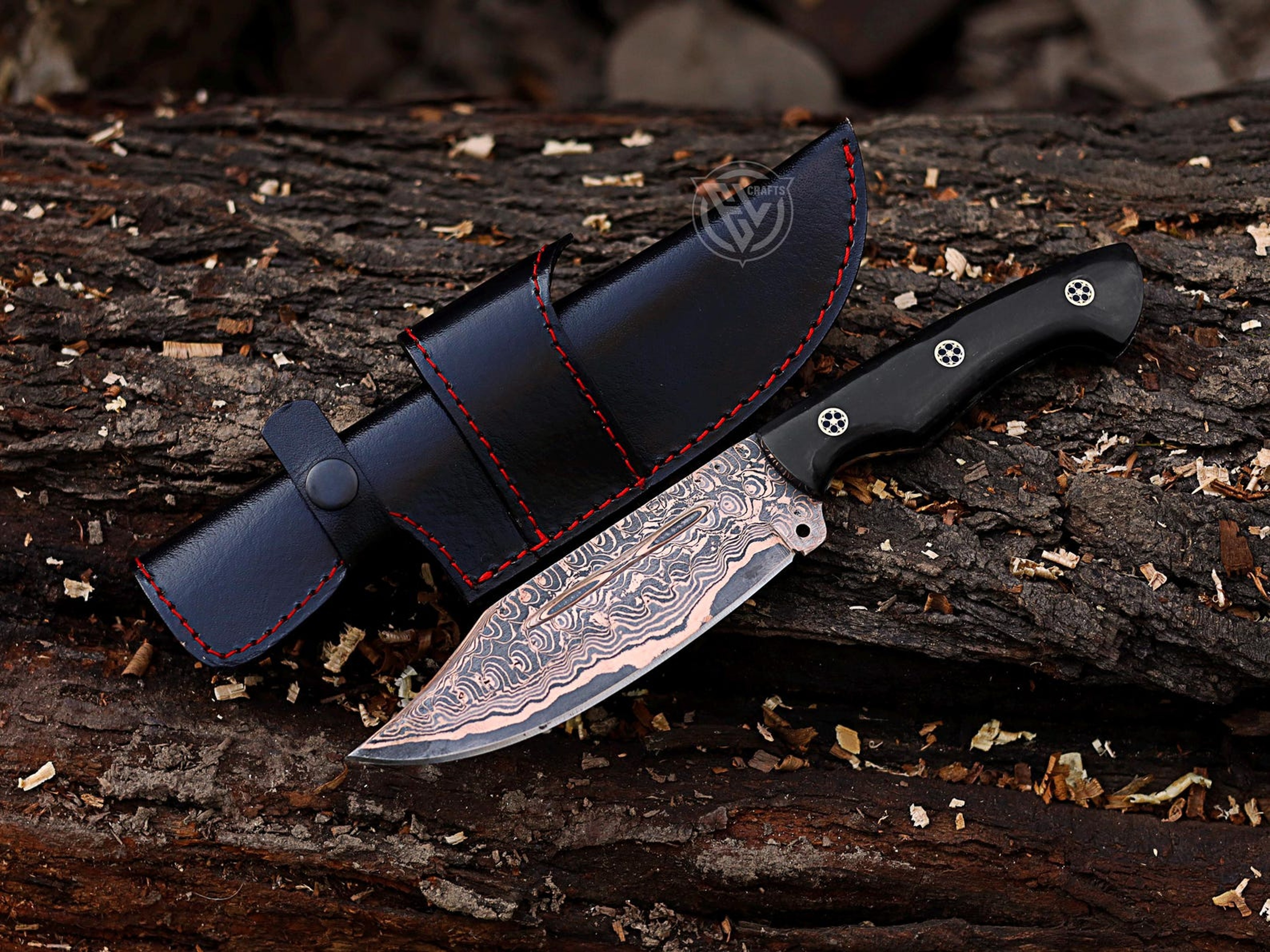 Anniversary Gift Copper Damascus Skinner Knife With Black Horn And Rose Wood Handle For Him 4