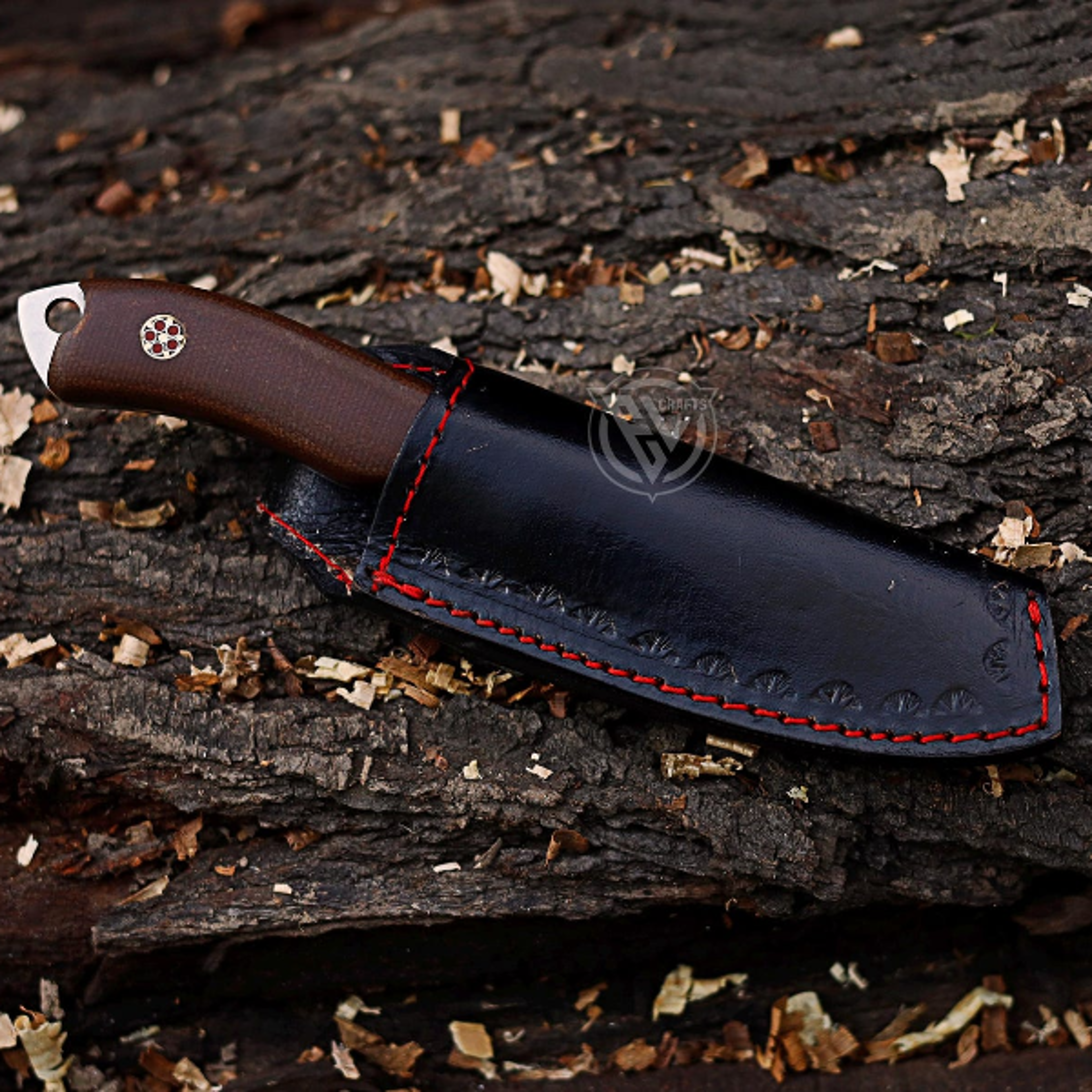Anniversary Gift Copper Damascus Skinner Knife With Black Horn And Rose Wood Handle For Him 2