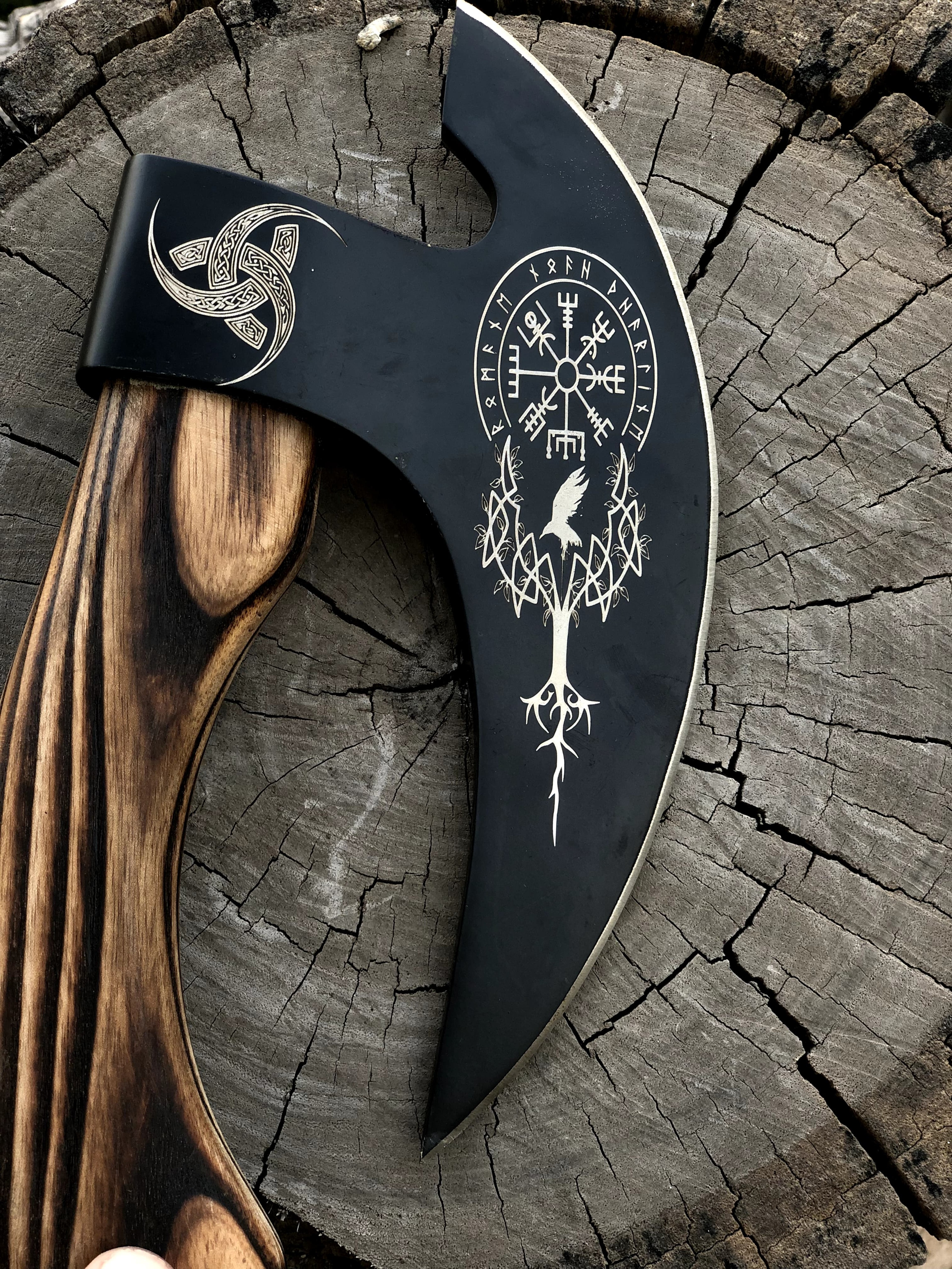 Hand Forged Viking Bearded Axe With Engraved Carbon Steel Blade  Wooden Handle For Camping Bushcraf 0